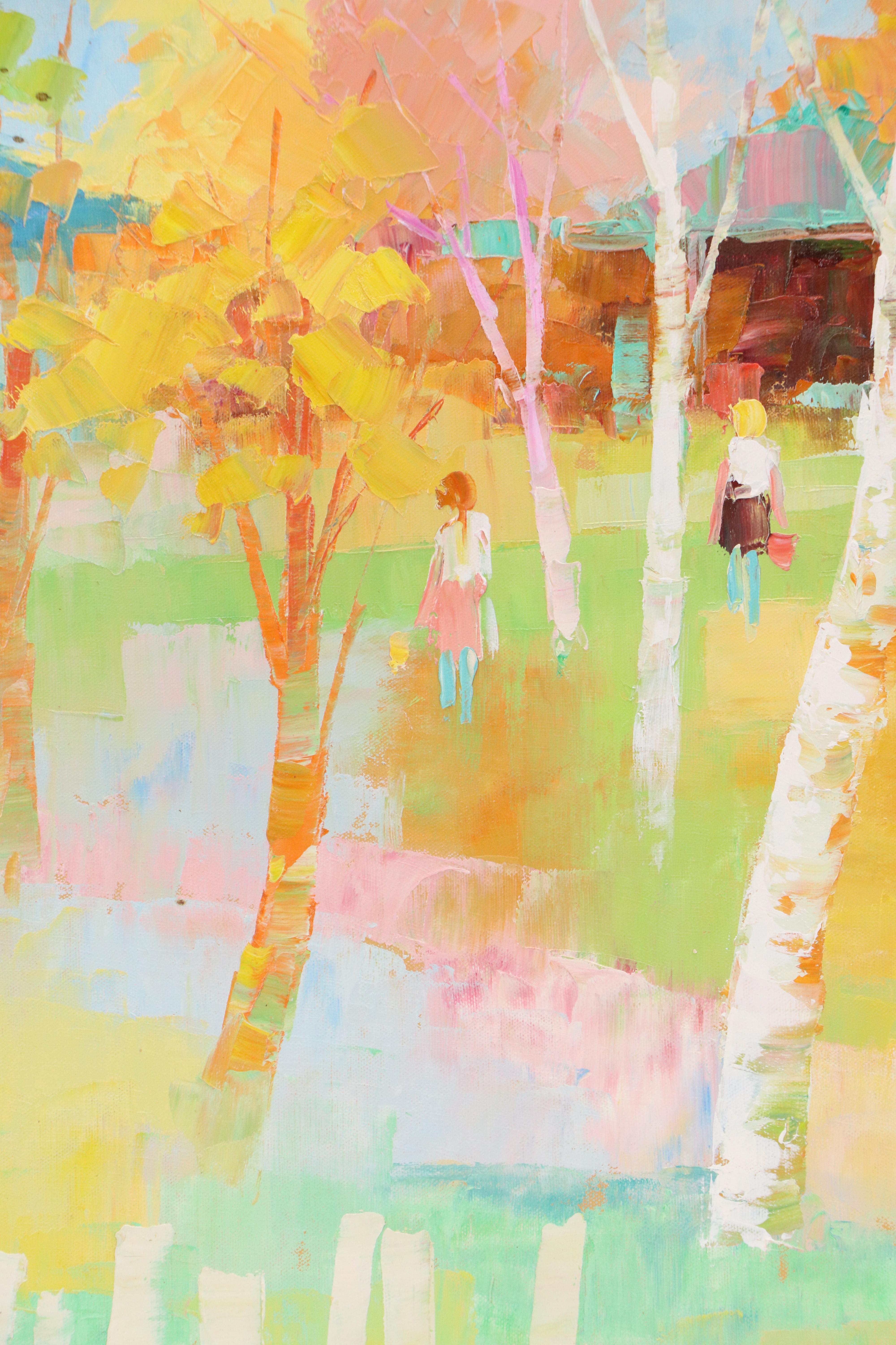 John Adamos Manol Oil Painting of Homestead in Wooded Landscape with Figures