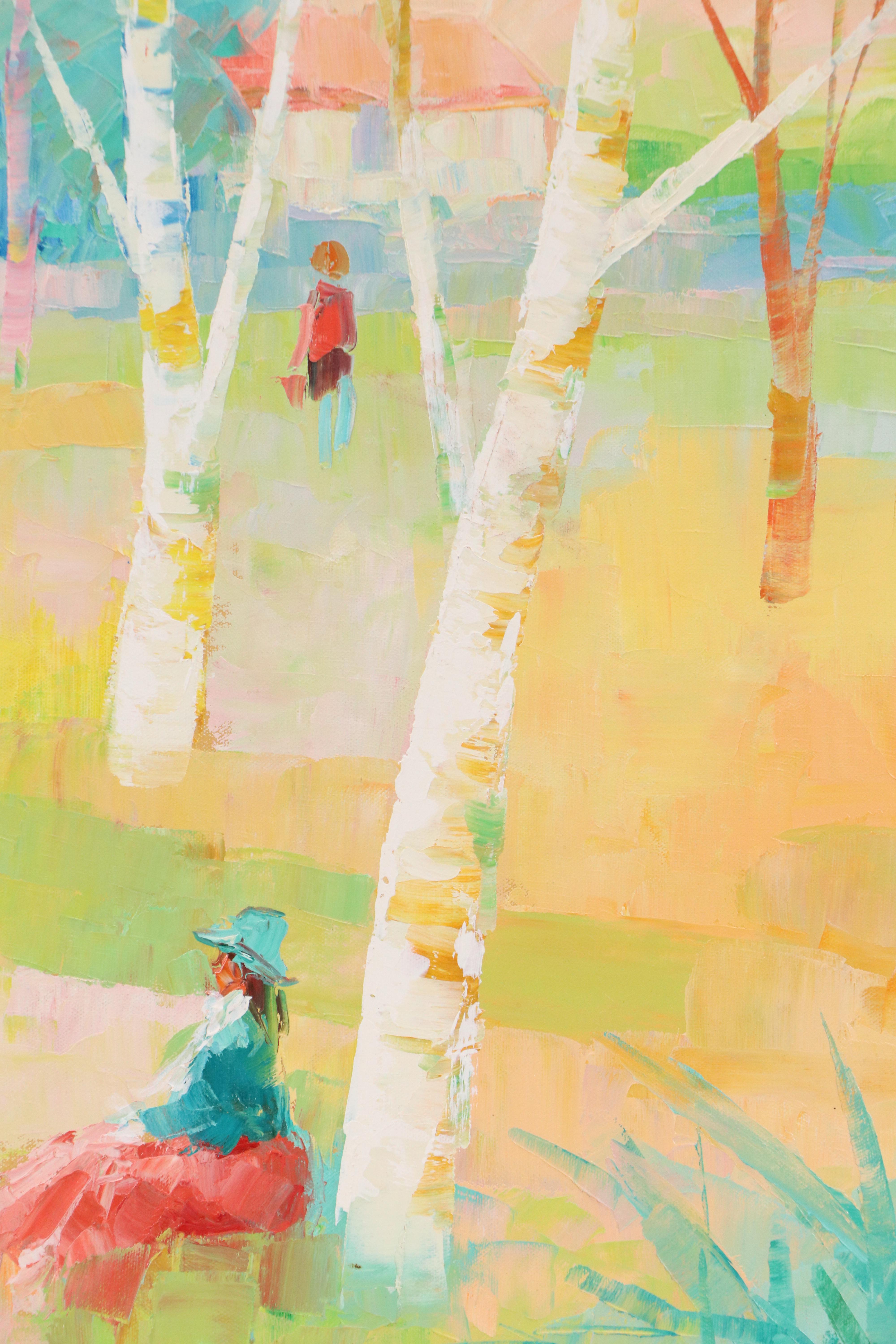 John Adamos Manol Oil Painting of Homestead in Wooded Landscape with Figures