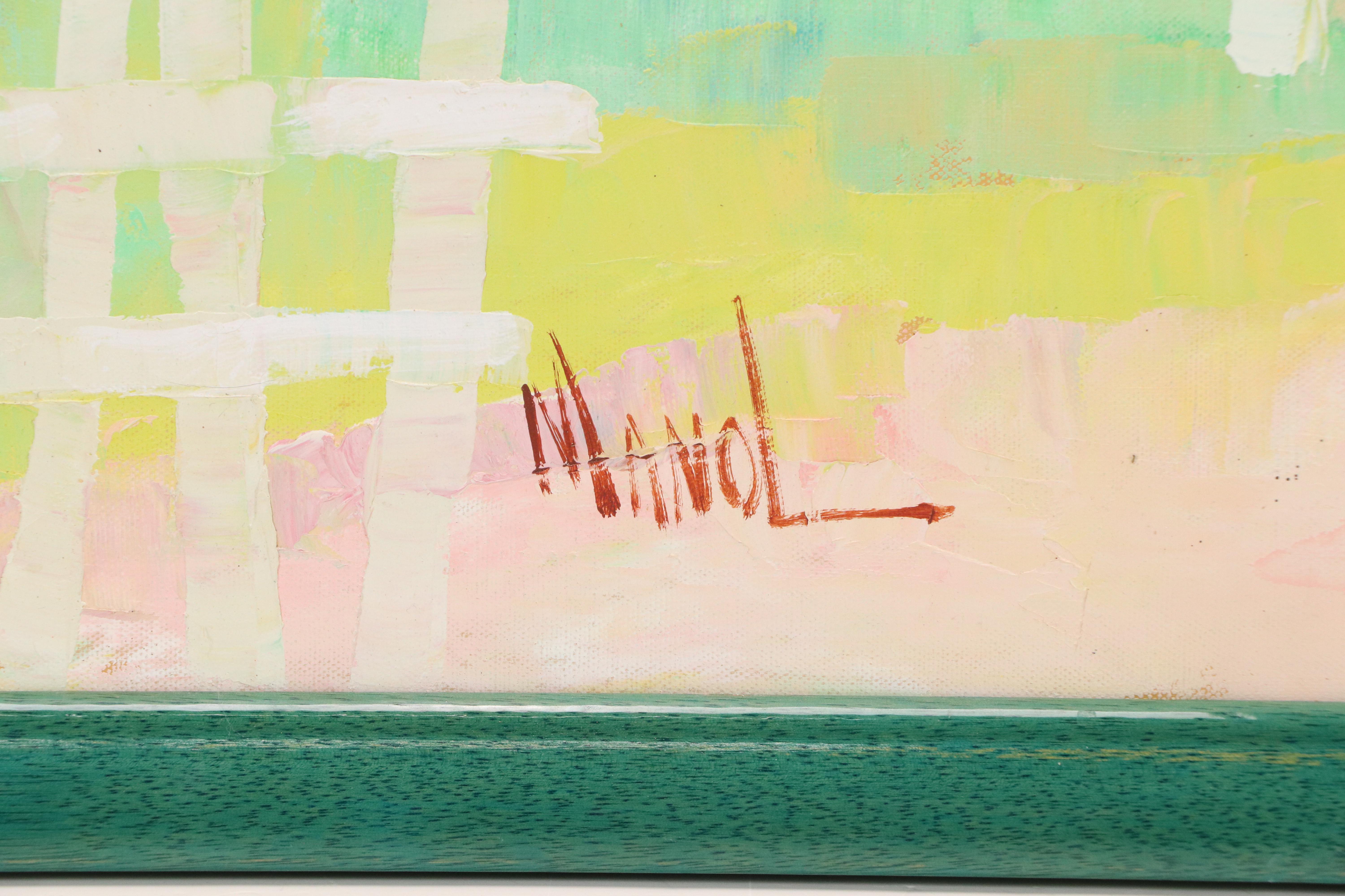 John Adamos Manol Oil Painting of Homestead in Wooded Landscape with Figures