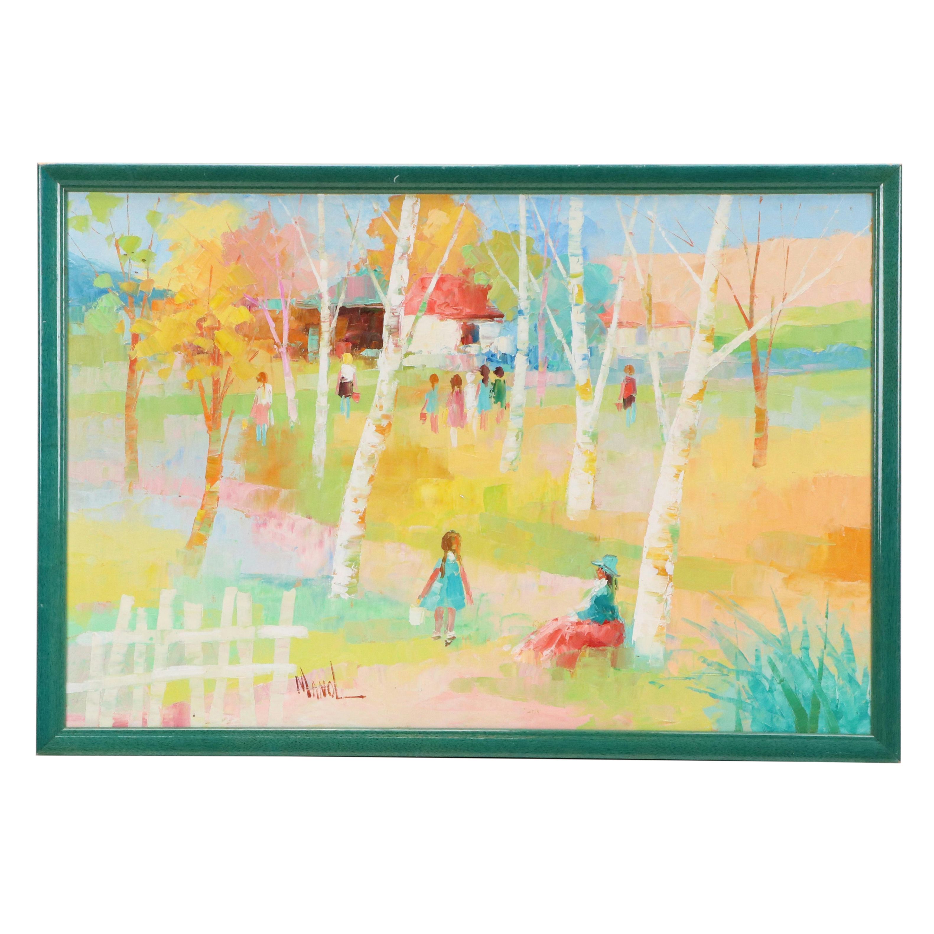 John Adamos Manol Oil Painting of Homestead in Wooded Landscape with Figures