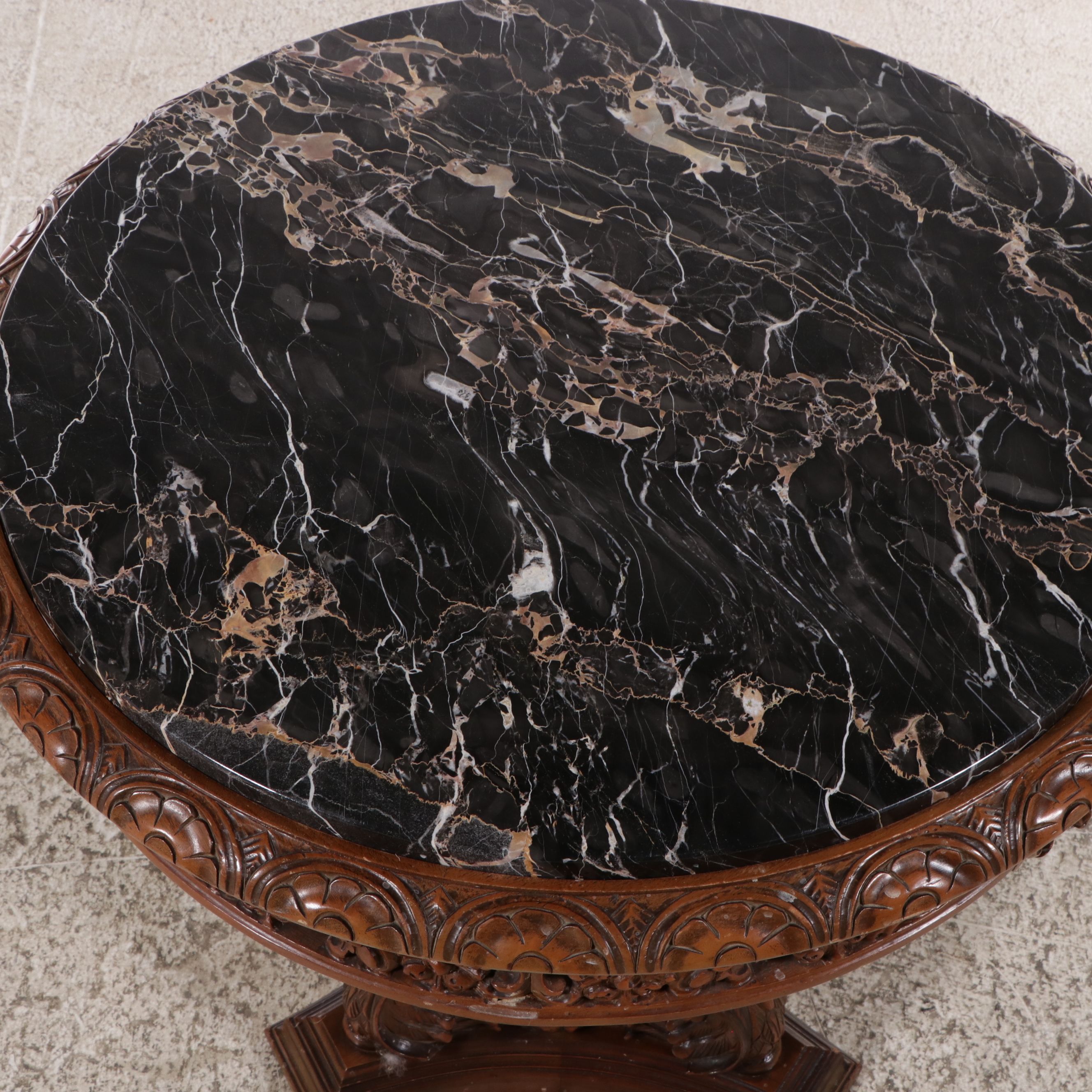 Renaissance Revival Style Carved Wood Marble Top Hall Table