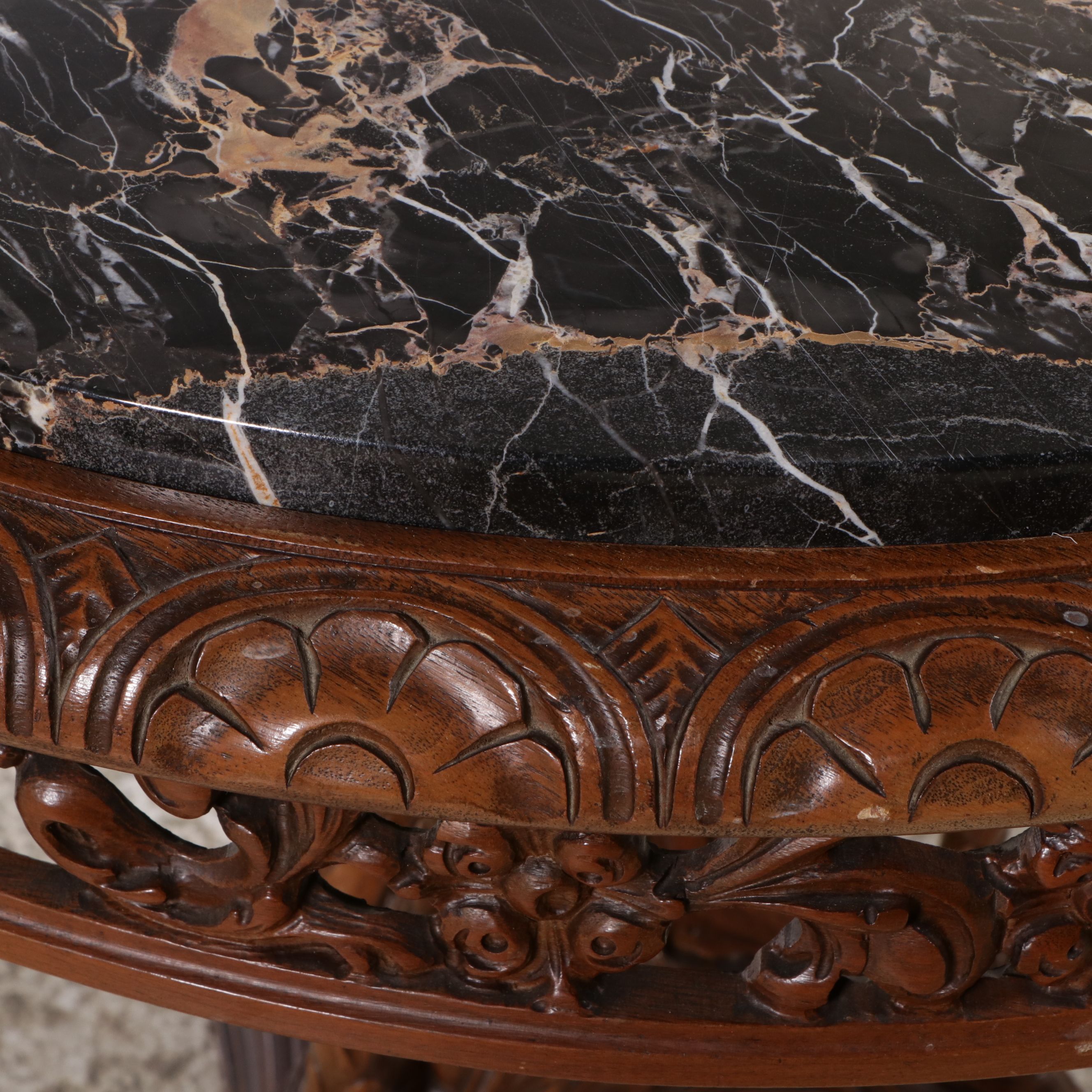 Renaissance Revival Style Carved Wood Marble Top Hall Table