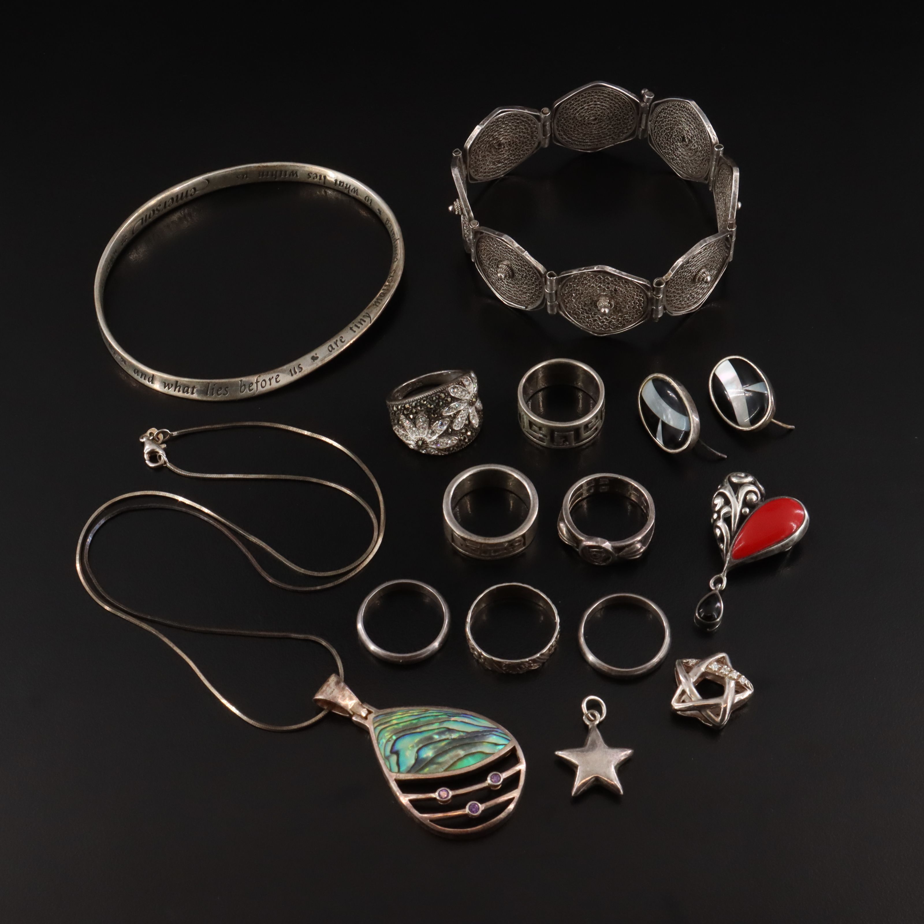 Sterling Jewelry Collection Including Abalone, Marcasite, and CZ