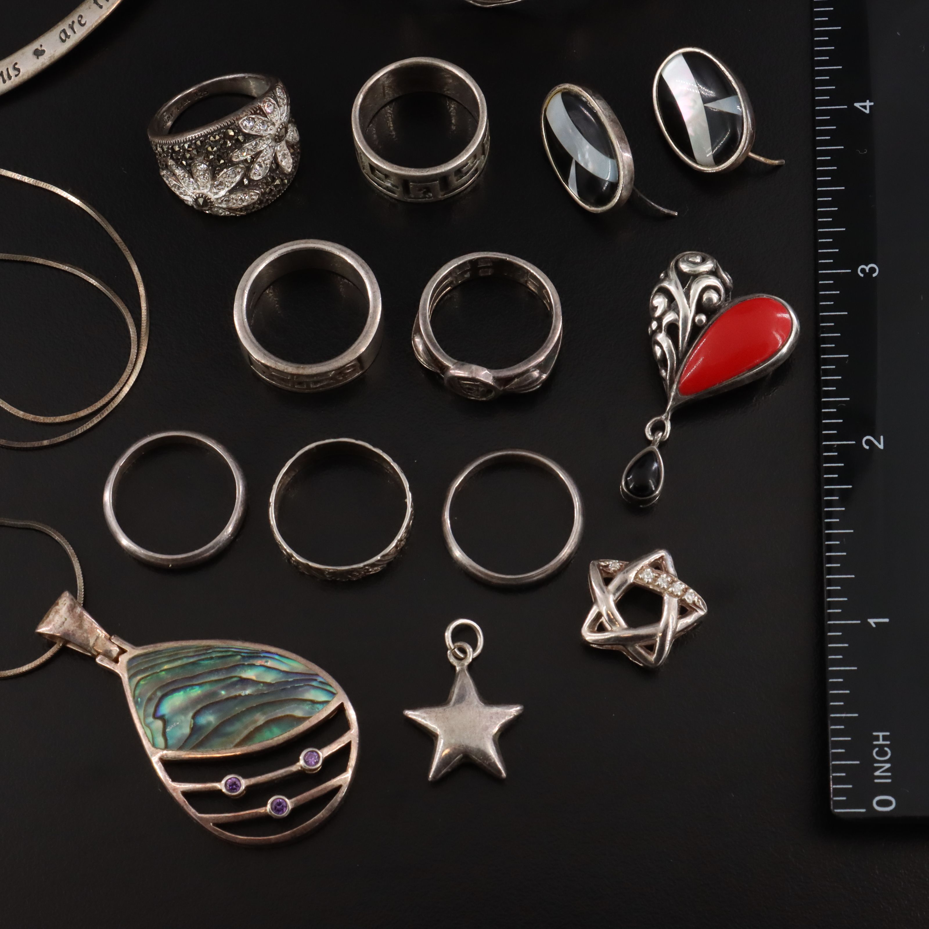 Sterling Jewelry Collection Including Abalone, Marcasite, and CZ