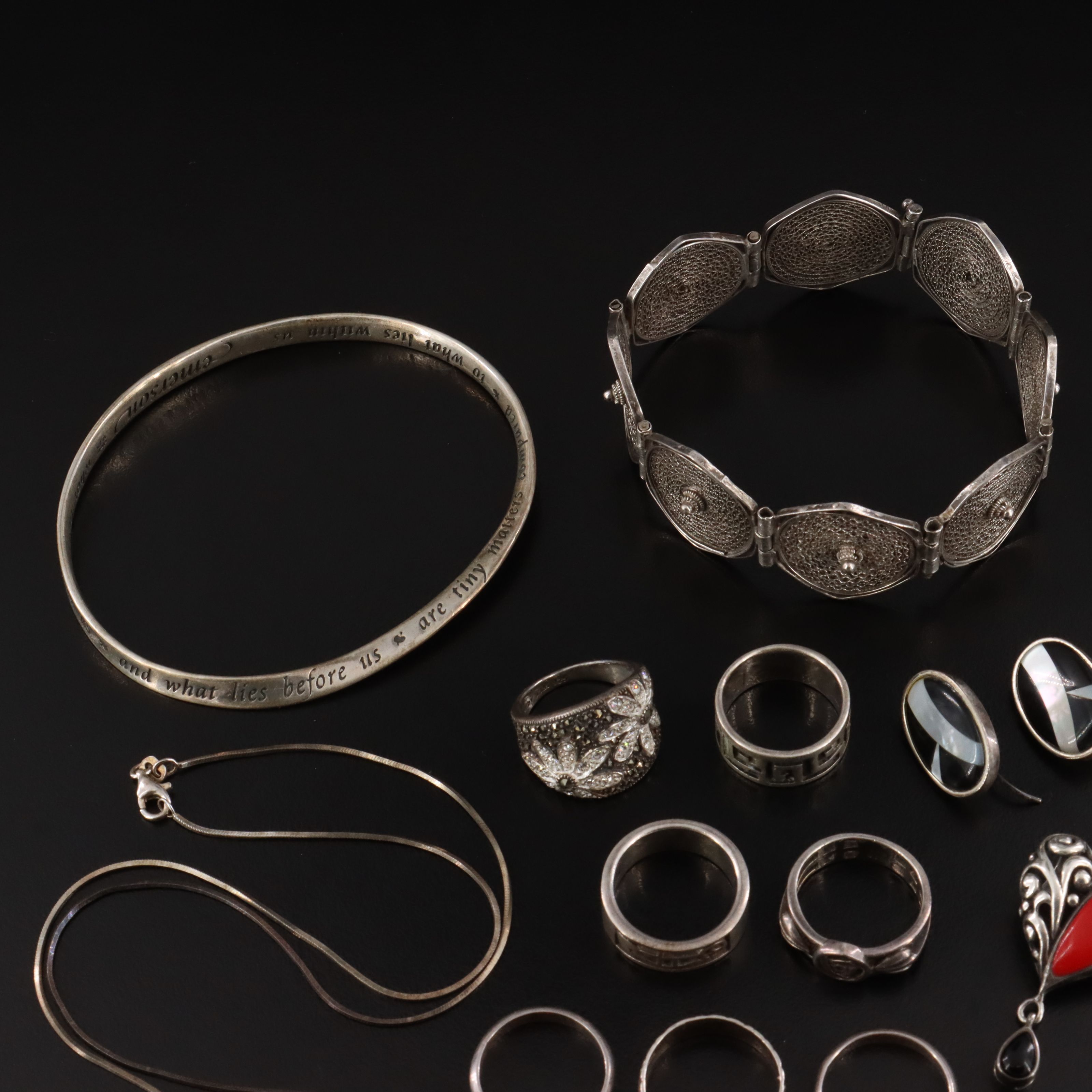 Sterling Jewelry Collection Including Abalone, Marcasite, and CZ