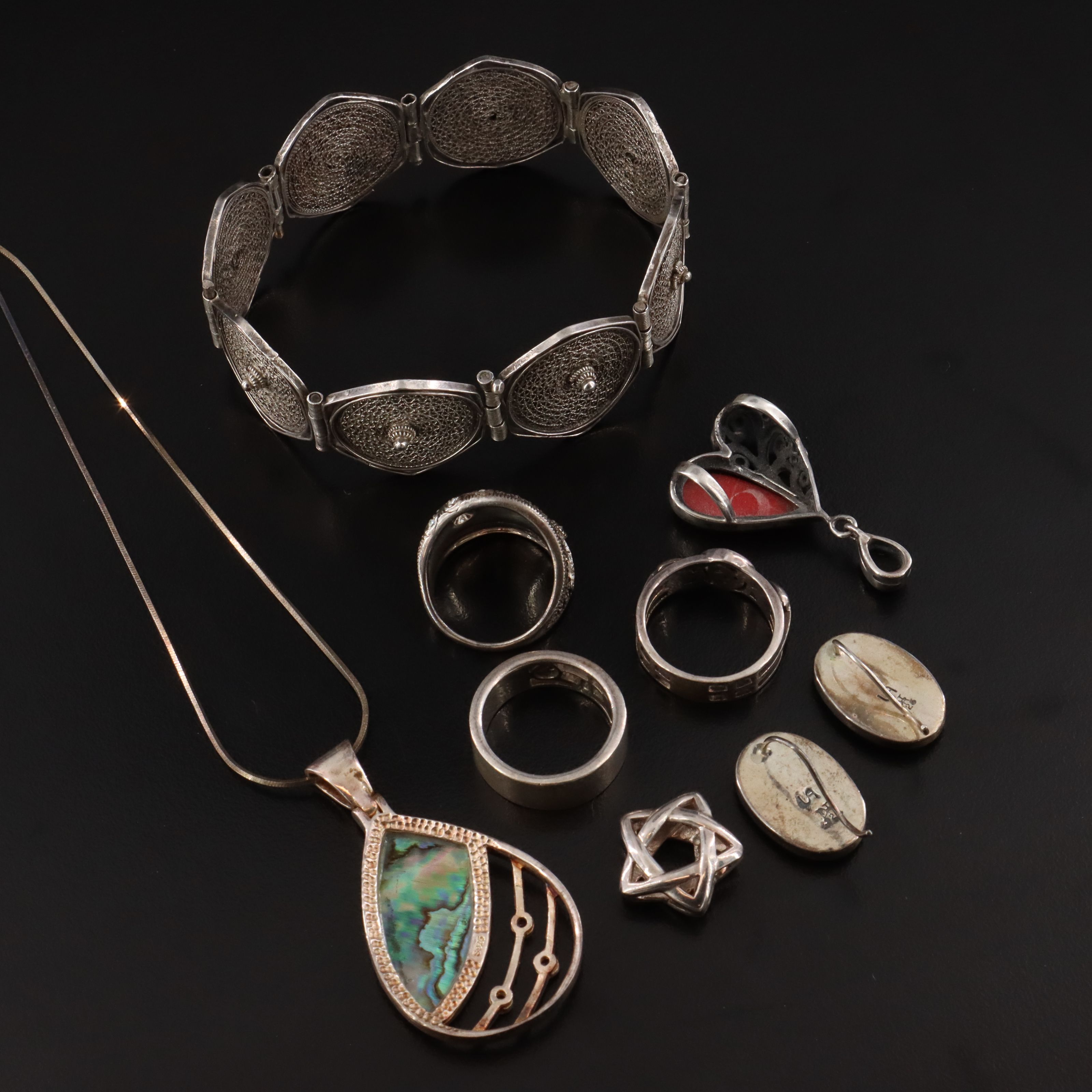 Sterling Jewelry Collection Including Abalone, Marcasite, and CZ