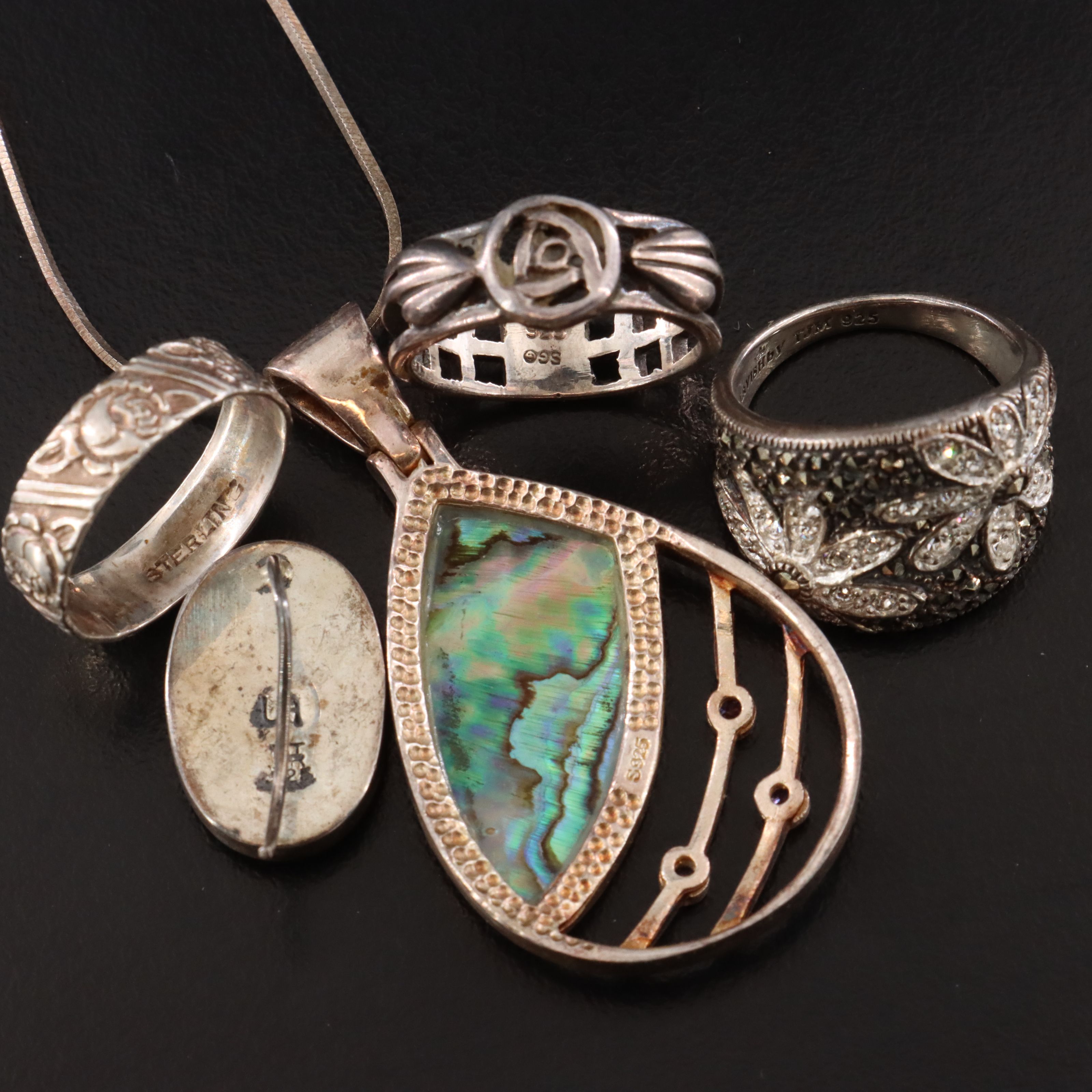 Sterling Jewelry Collection Including Abalone, Marcasite, and CZ