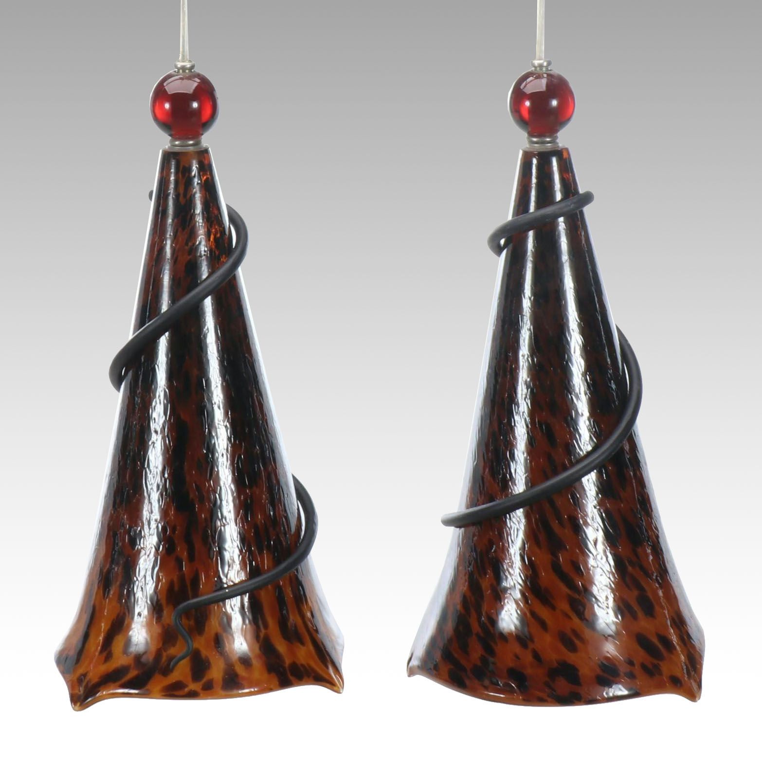 Tortoise Shell Glass Pendant Light Pair