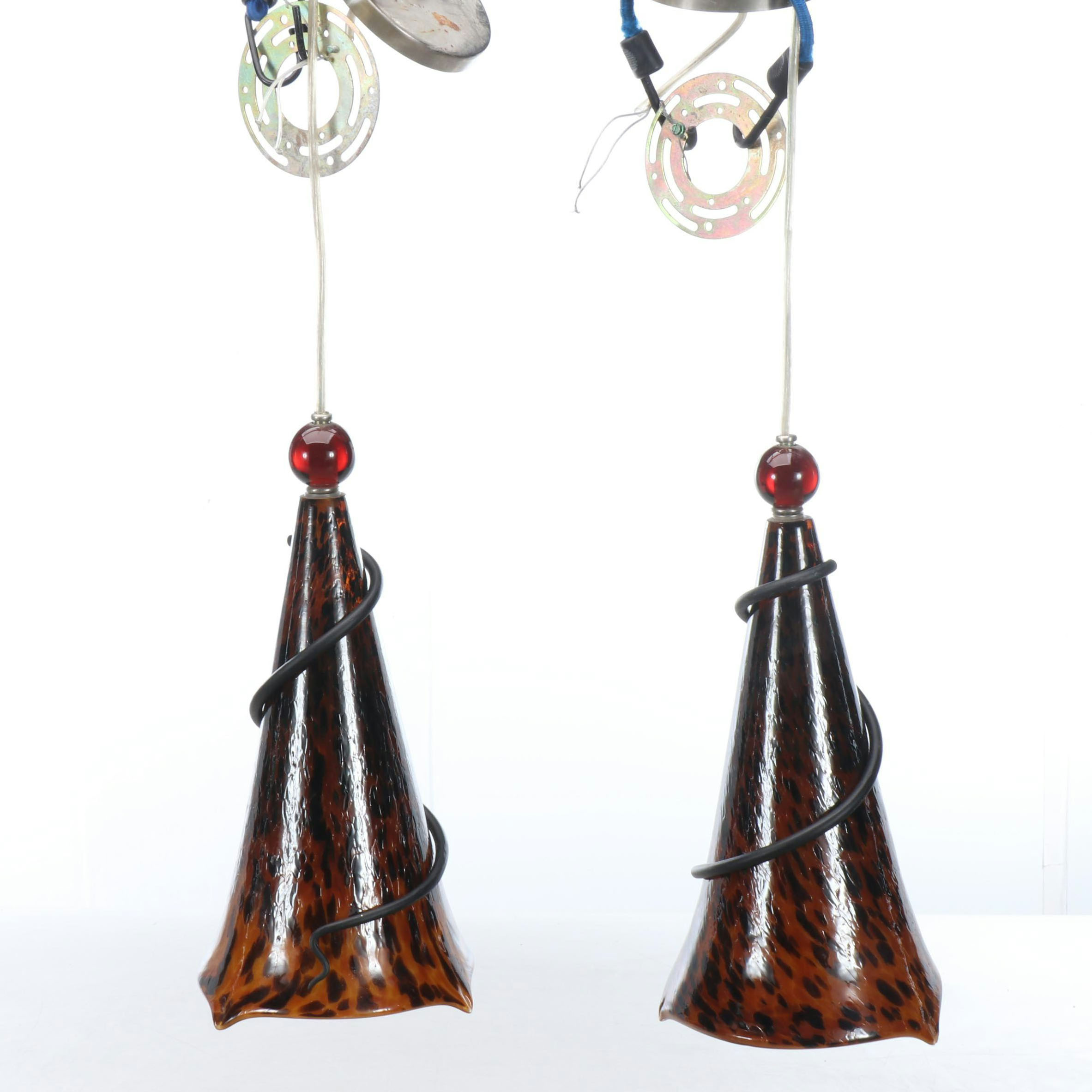 Tortoise Shell Glass Pendant Light Pair