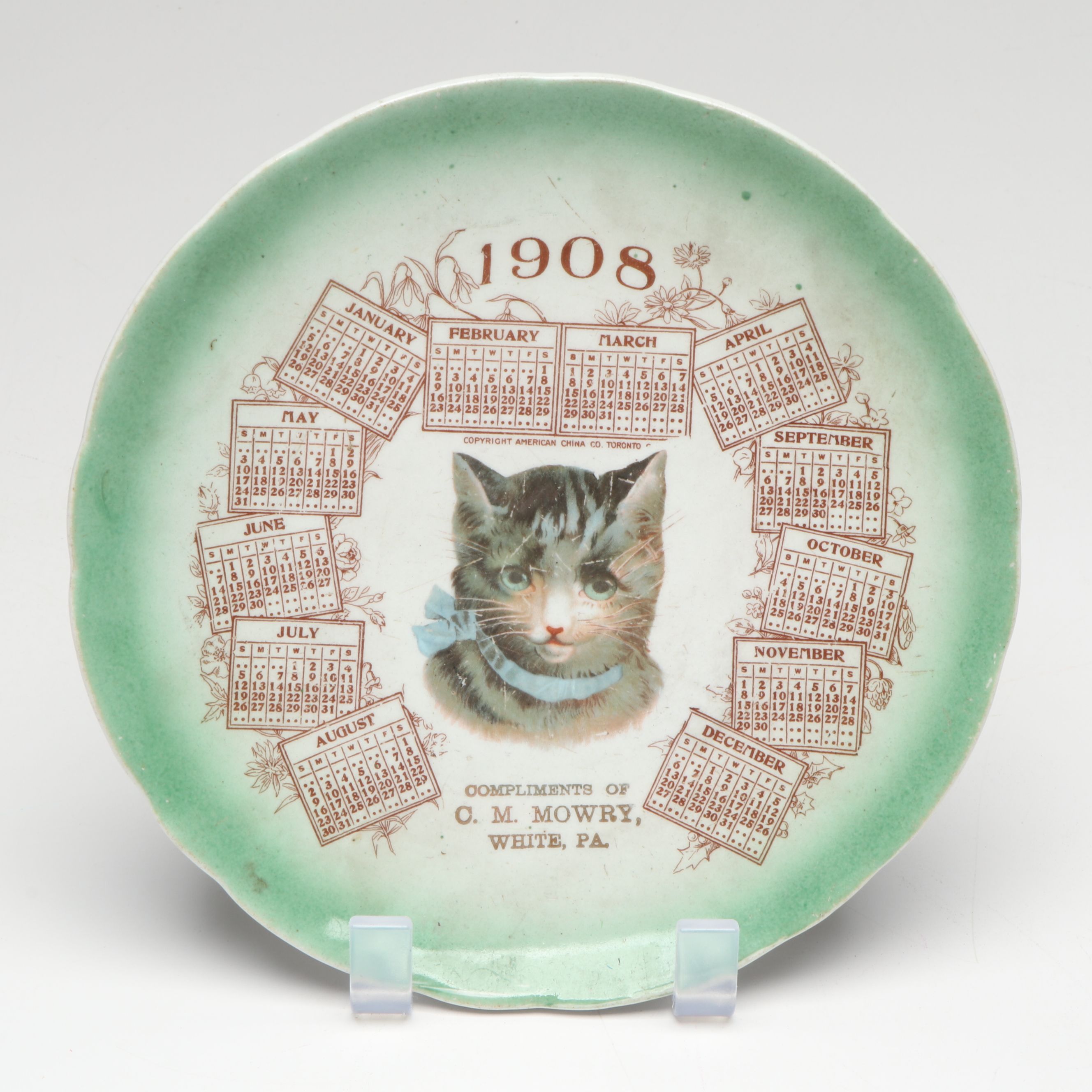 Baum Bros. Formalities Cat Figurine with Calendar Plate and Bird Glass Panels