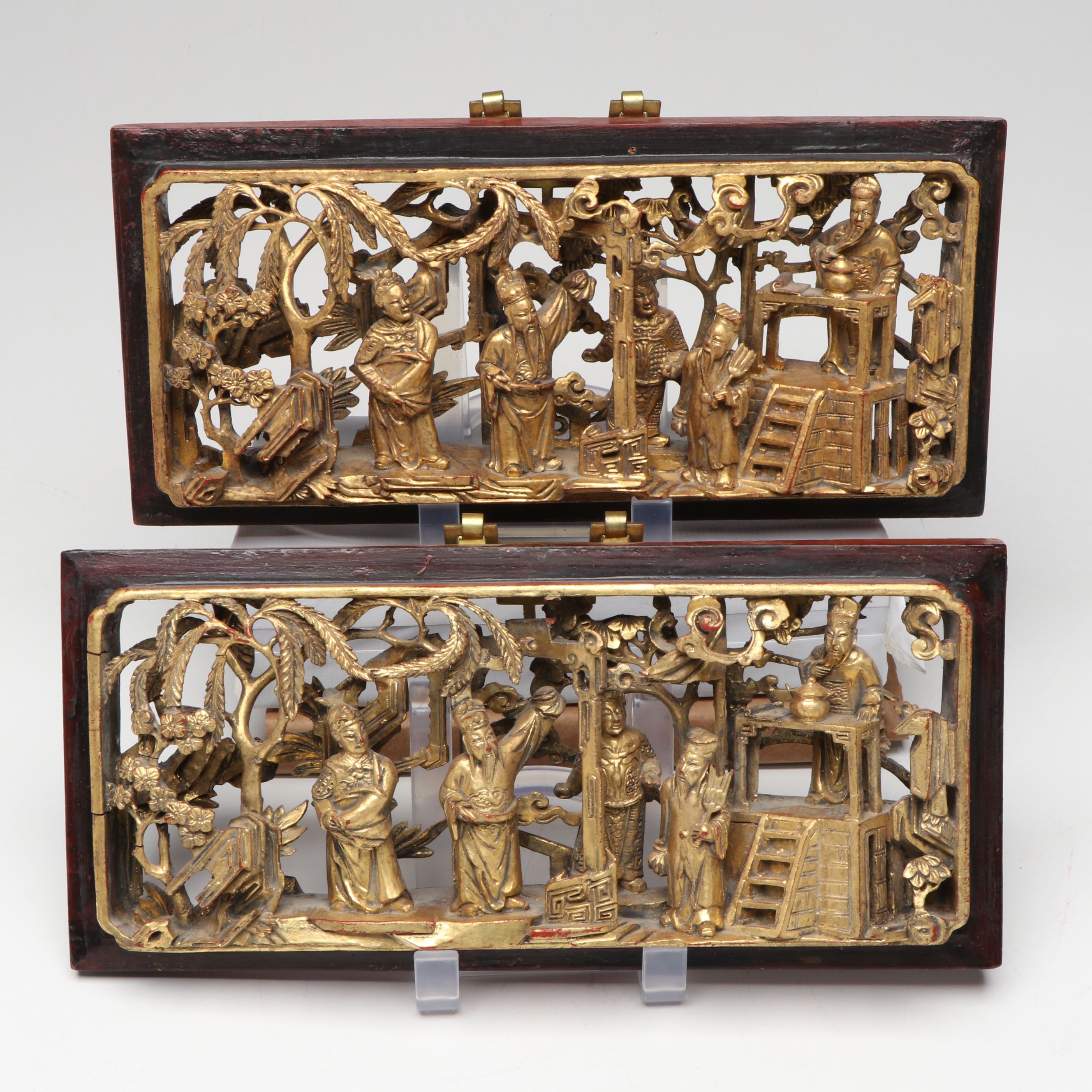 Pair of Chinese Late Qing Dynasty Giltwood Deep Relief Figural Scene Panels