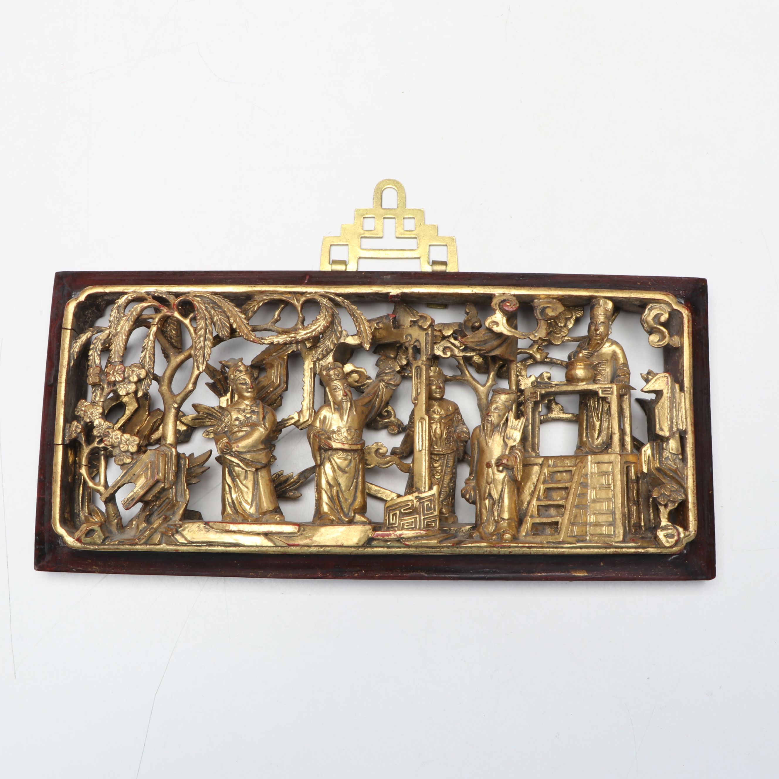 Pair of Chinese Late Qing Dynasty Giltwood Deep Relief Figural Scene Panels