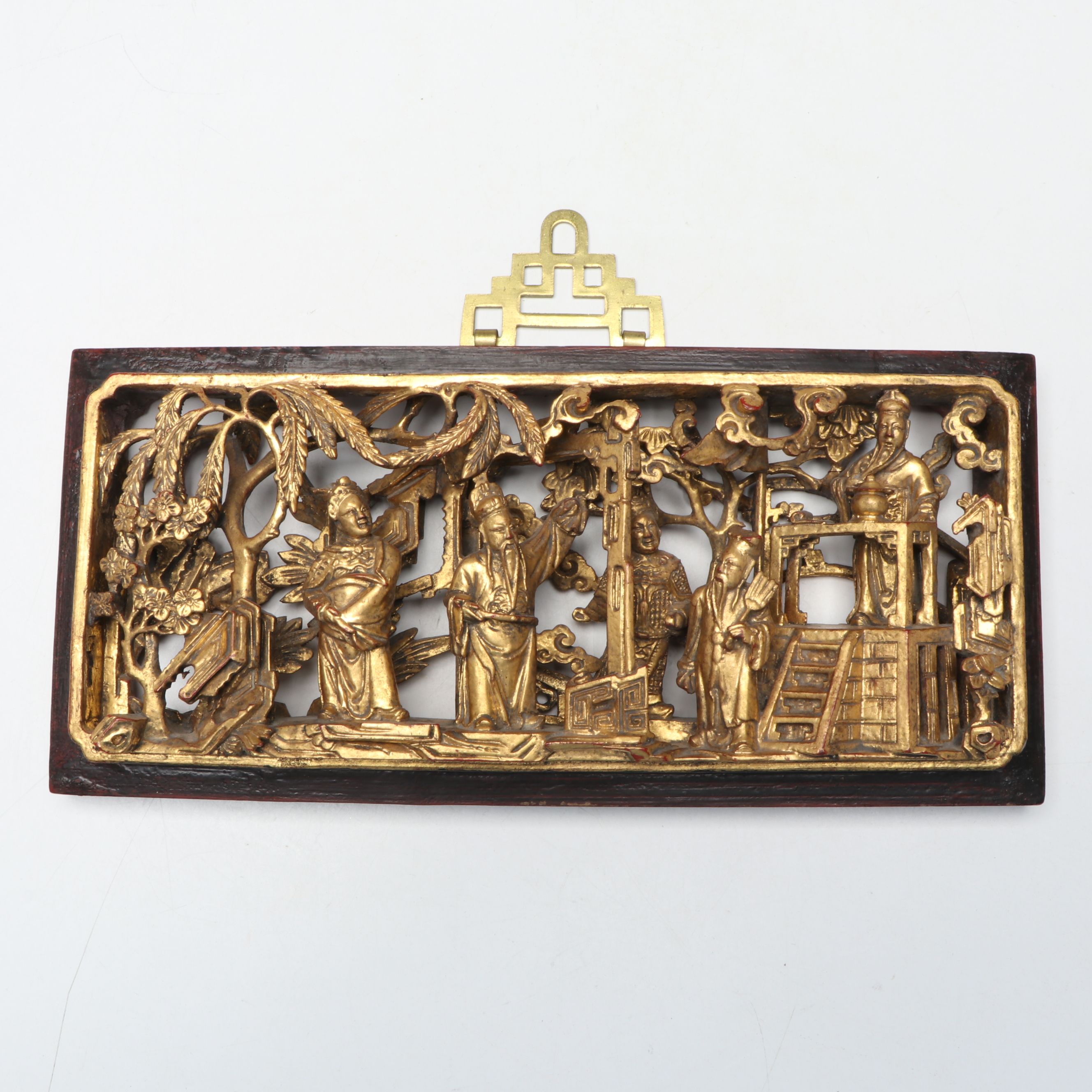 Pair of Chinese Late Qing Dynasty Giltwood Deep Relief Figural Scene Panels