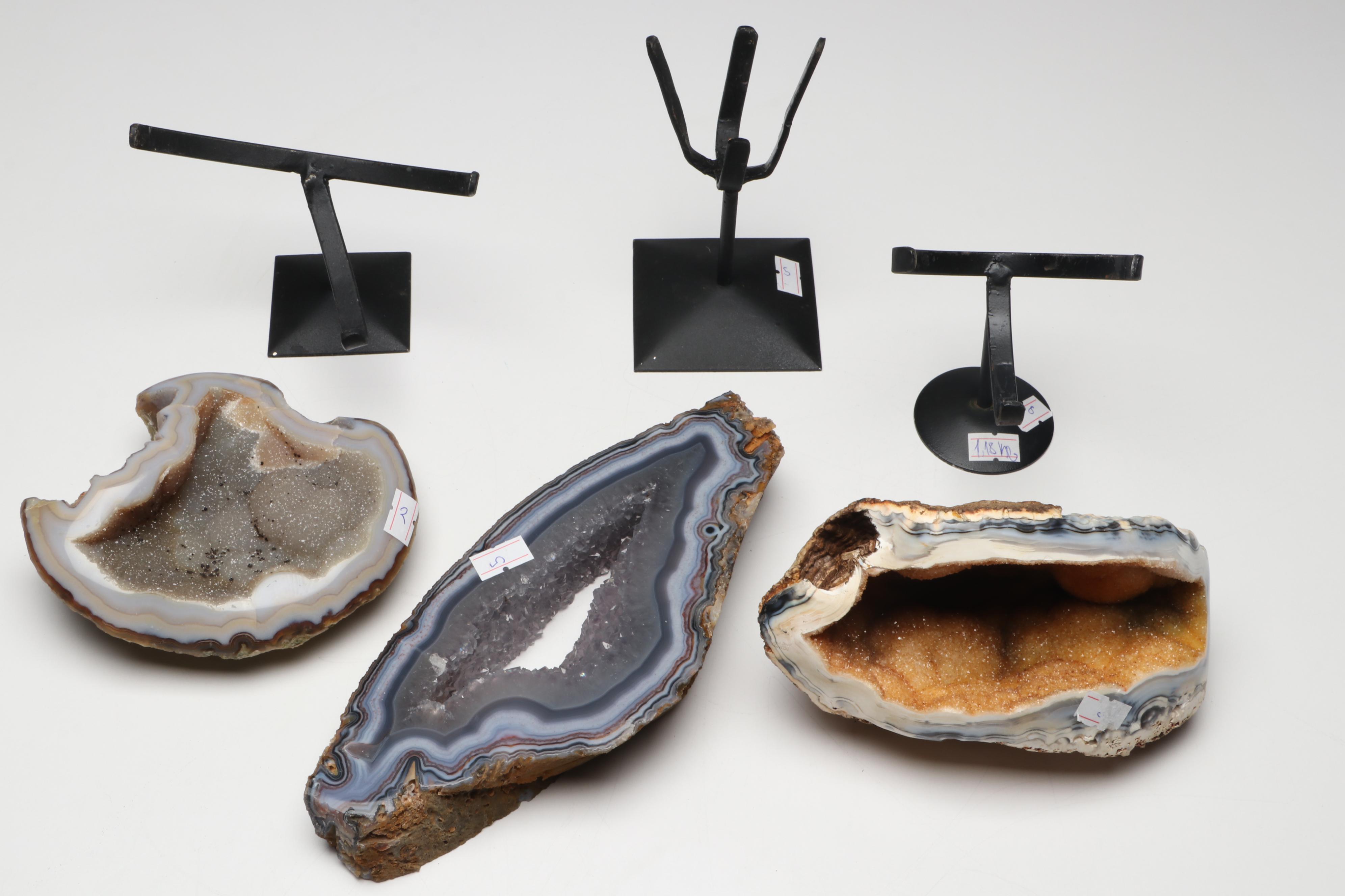 Banded and Polished Agate Geode Specimens on Custom Metal Stands