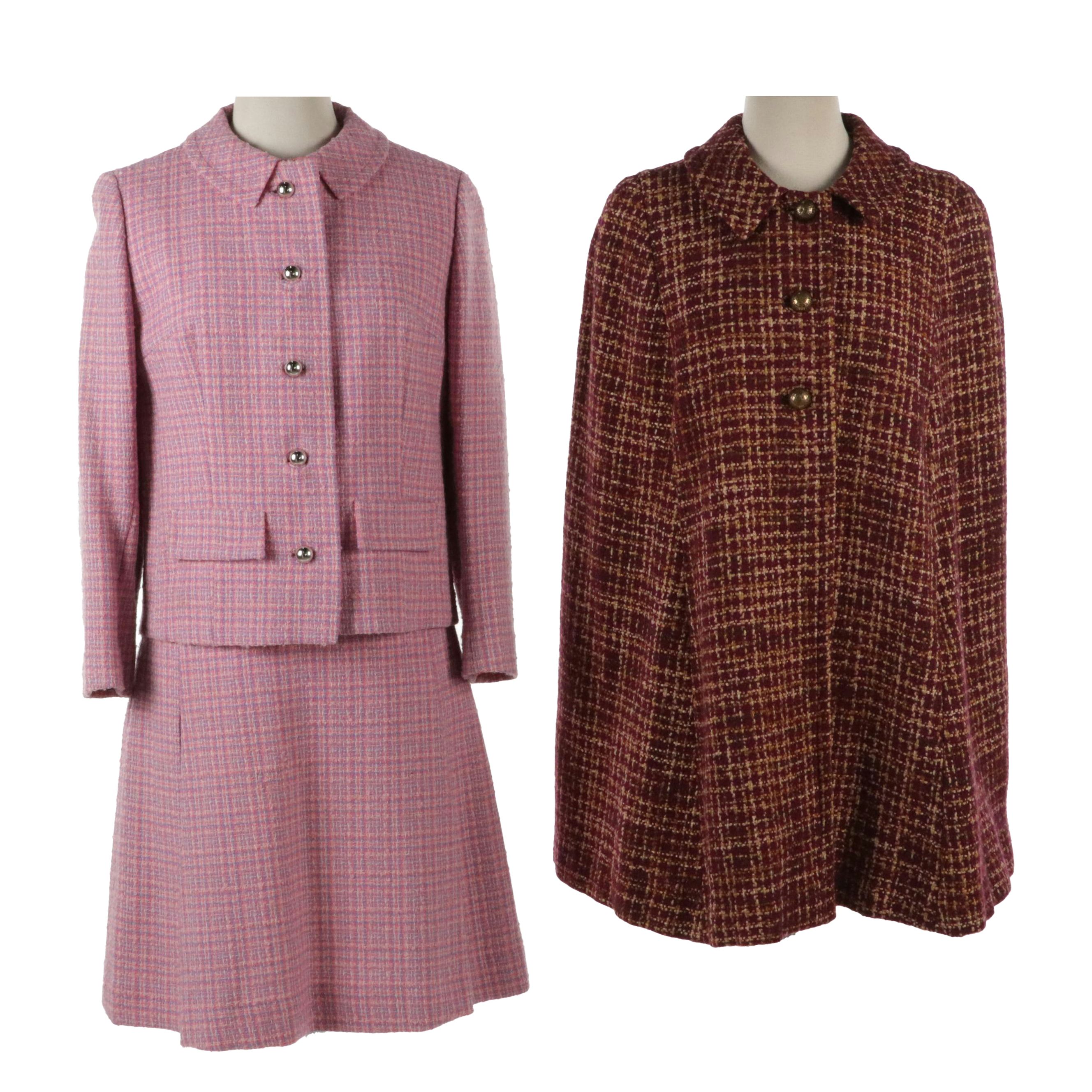 Pink and Purple Tweed Sleeveless Dress and Jacket with Other Button Front Ruana