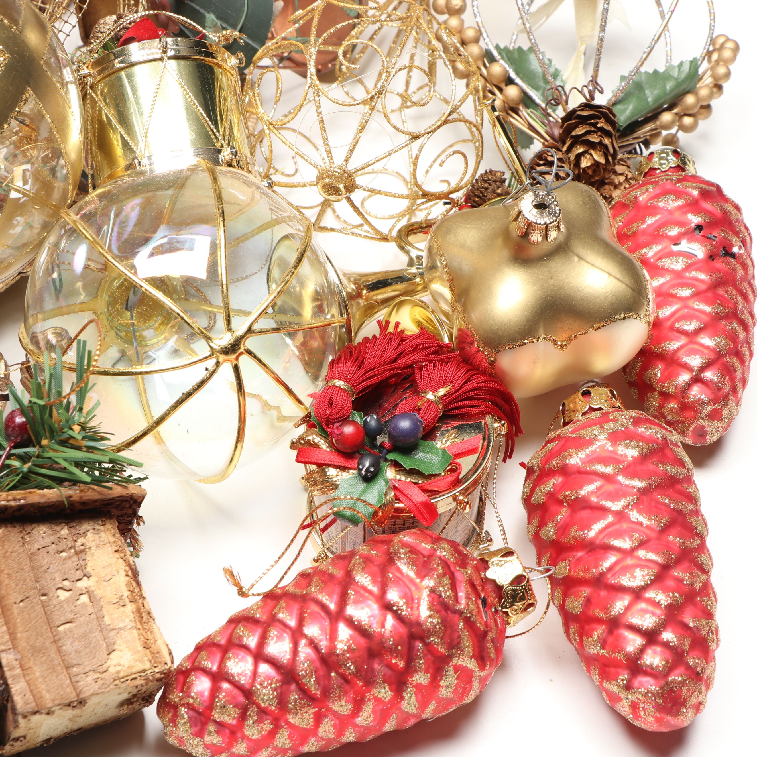 Reindeer Tree Topper with Gold Wire, Glass and Other Christmas Ornaments