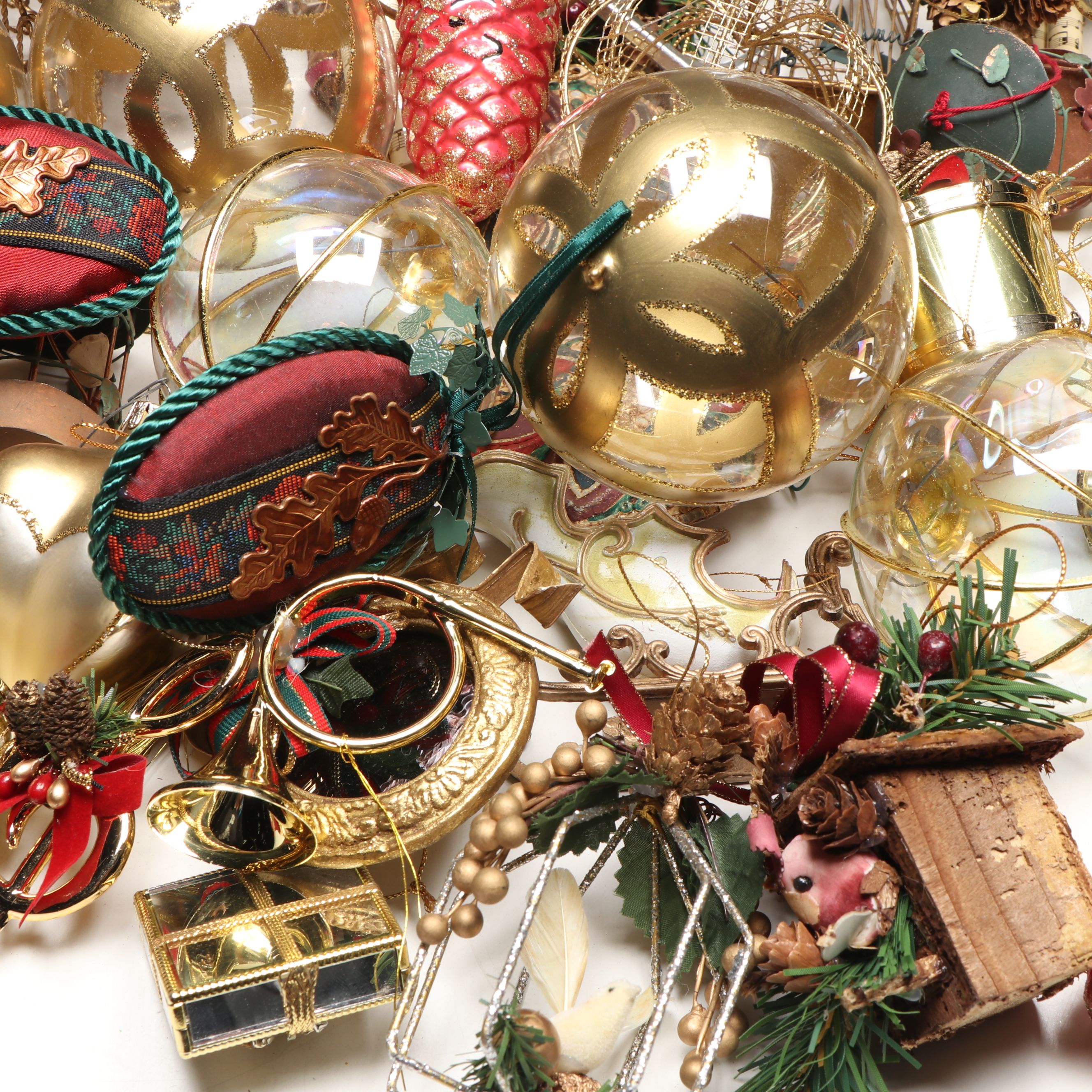 Reindeer Tree Topper with Gold Wire, Glass and Other Christmas Ornaments