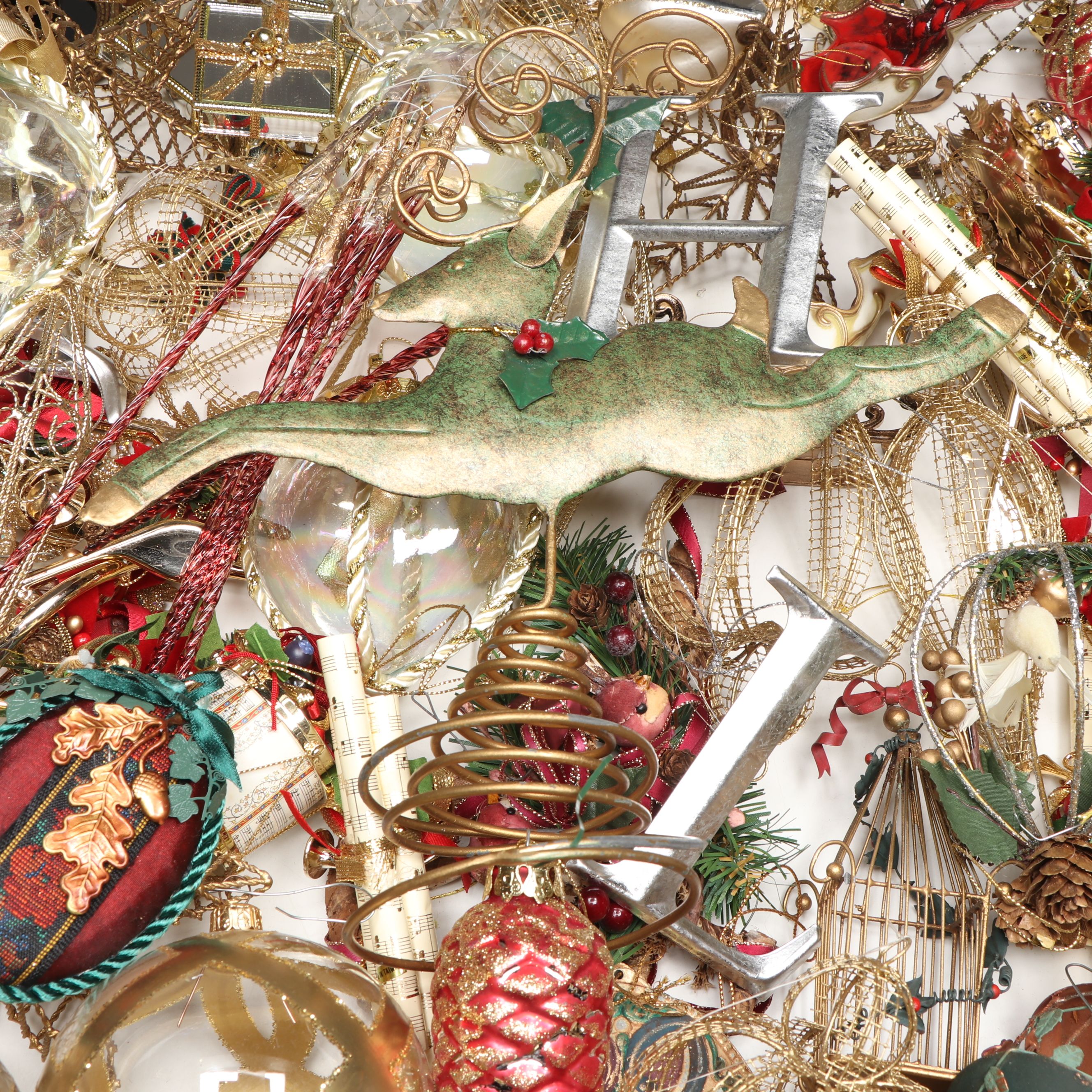 Reindeer Tree Topper with Gold Wire, Glass and Other Christmas Ornaments