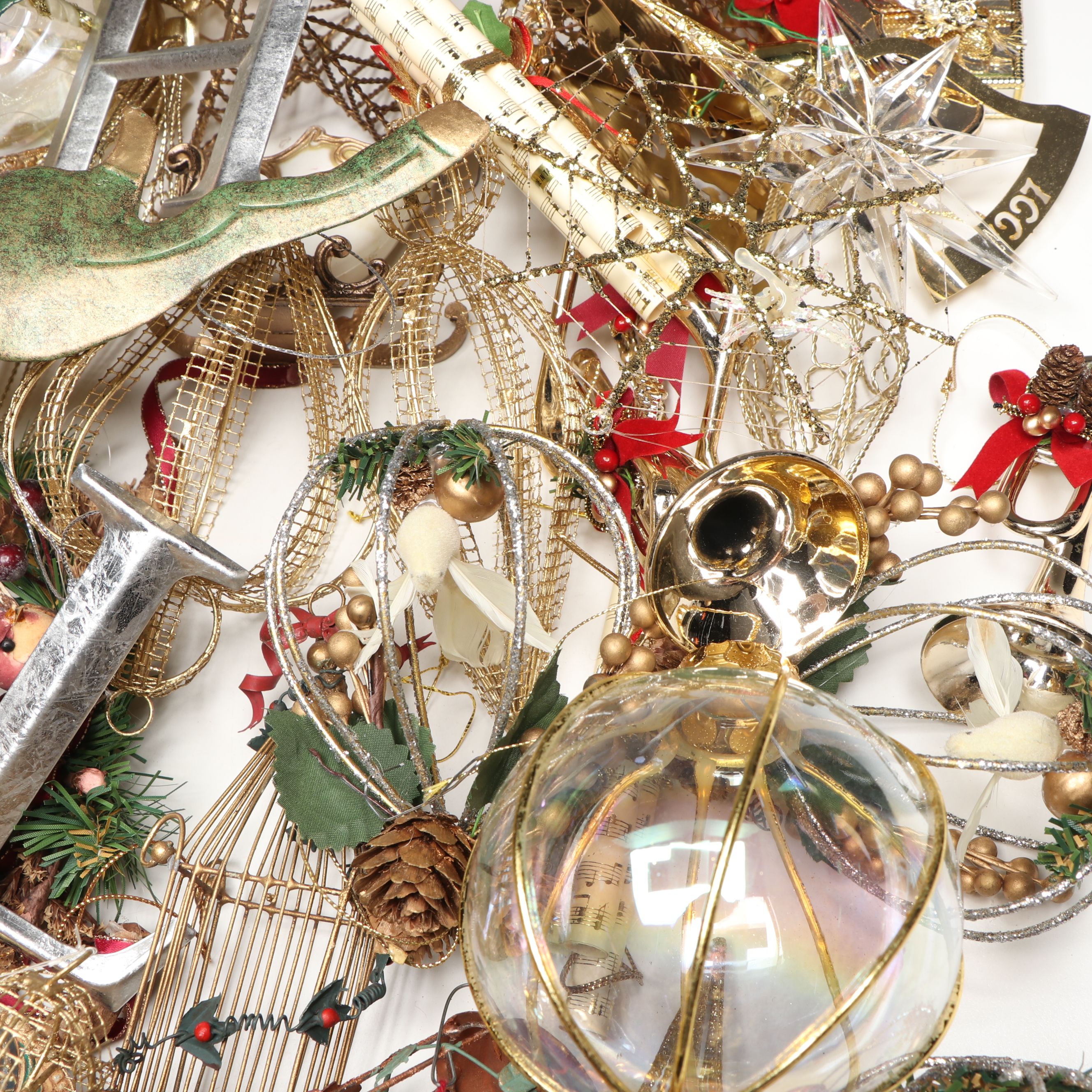 Reindeer Tree Topper with Gold Wire, Glass and Other Christmas Ornaments