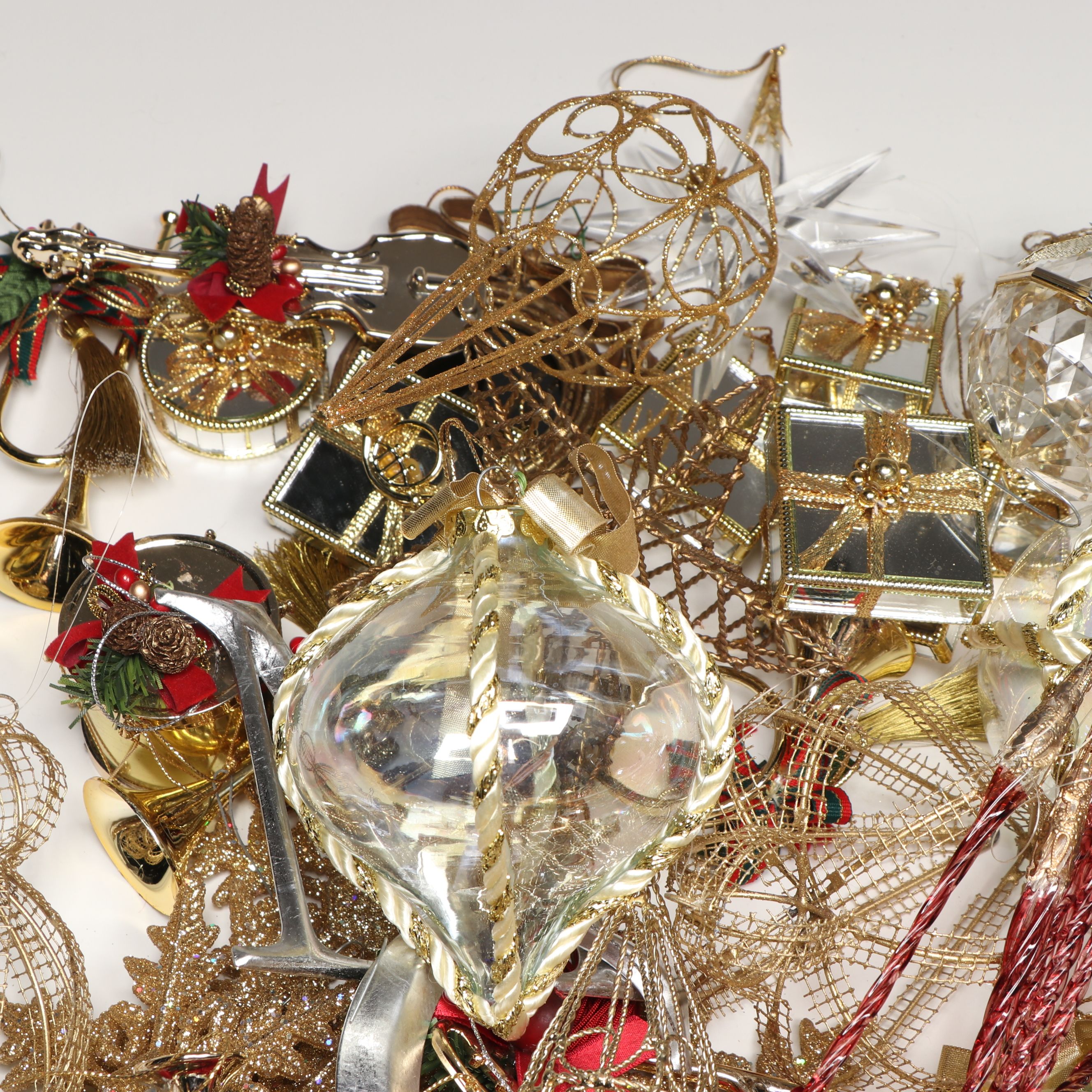 Reindeer Tree Topper with Gold Wire, Glass and Other Christmas Ornaments