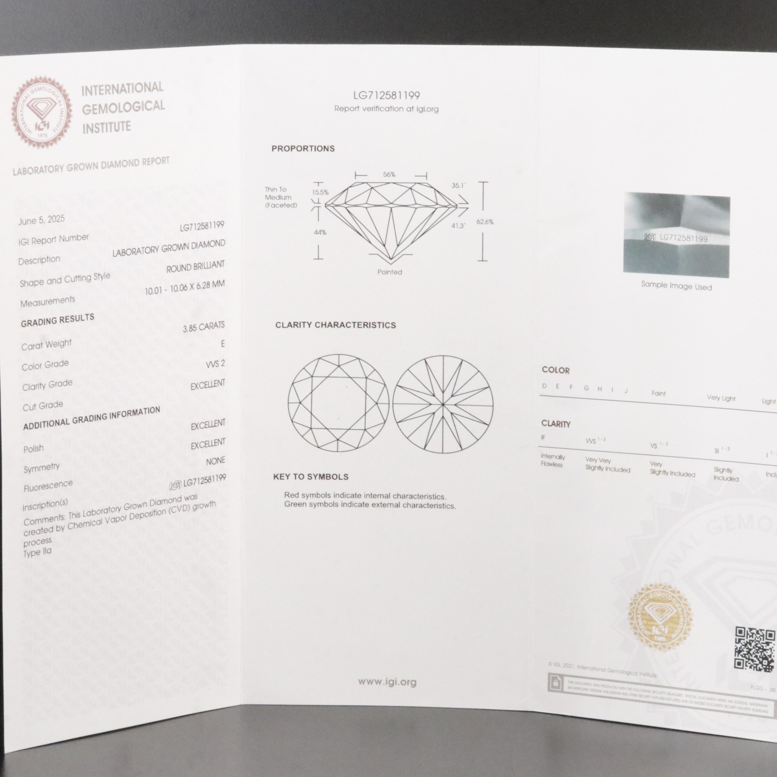 Loose 3.85 CT Lab Grown Diamond with IGI Report