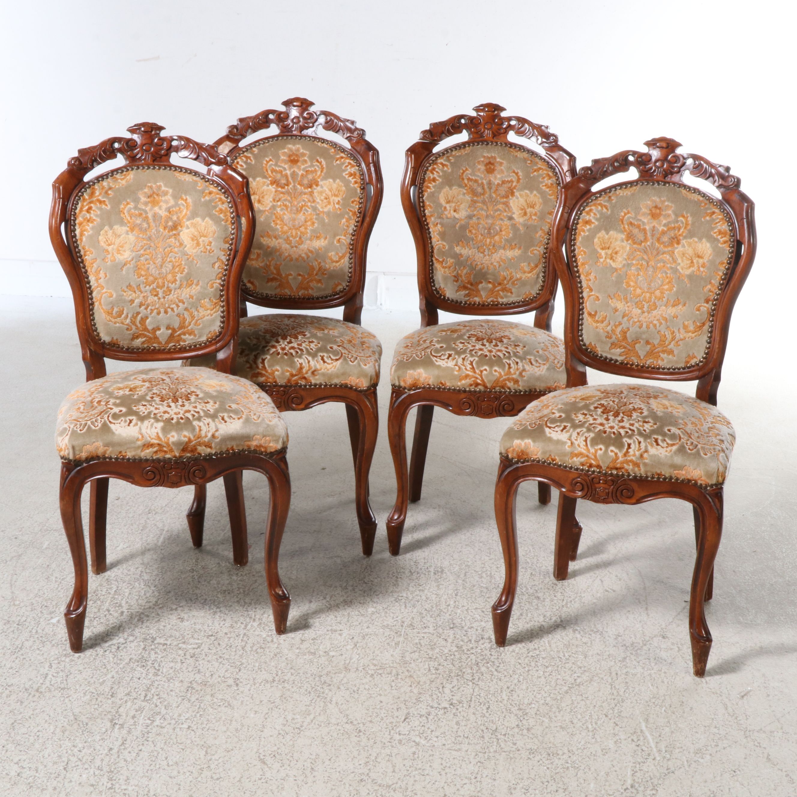 Four Louis XV Style Carved Walnut Upholstered Side Chairs