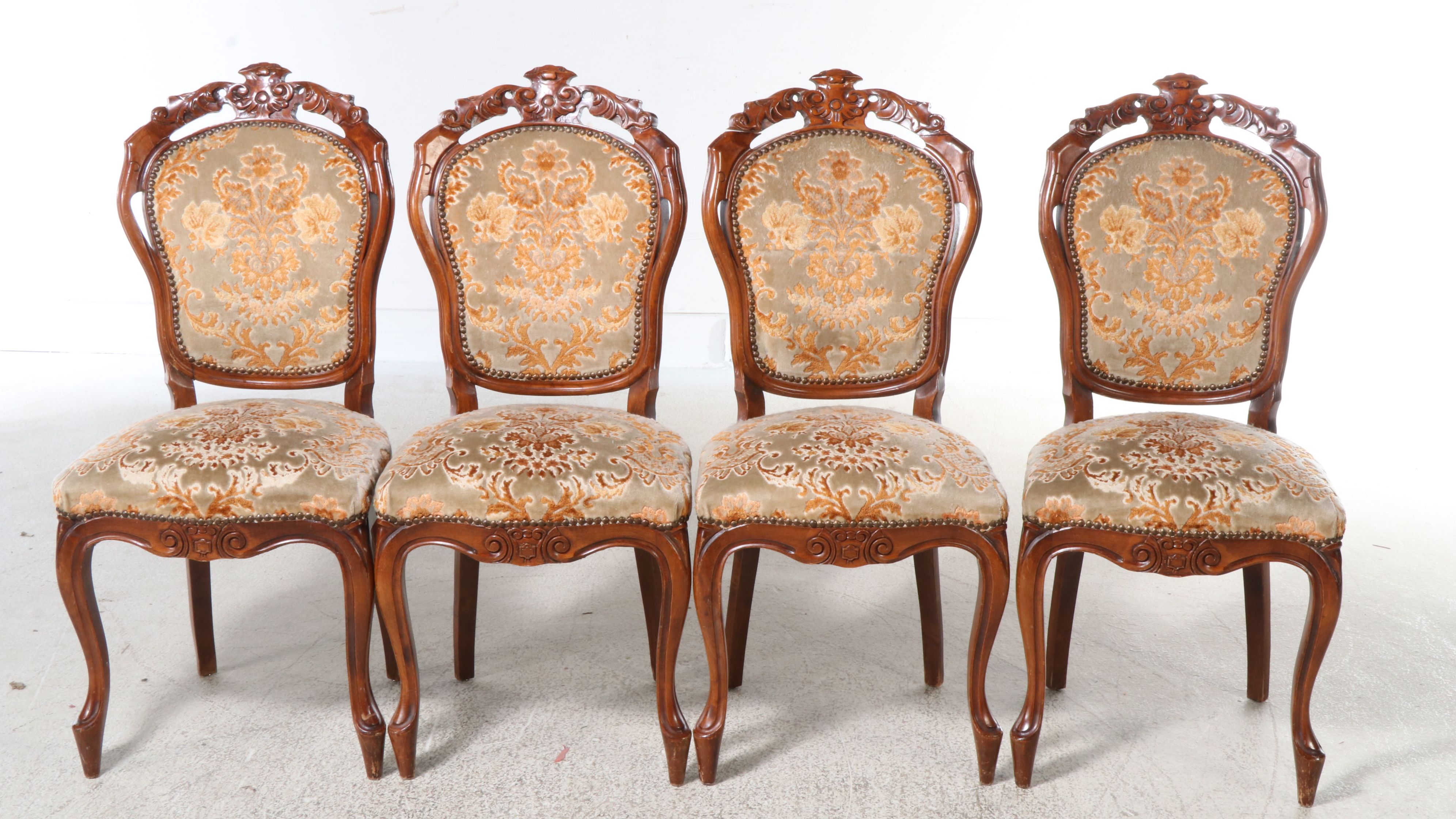 Four Louis XV Style Carved Walnut Upholstered Side Chairs