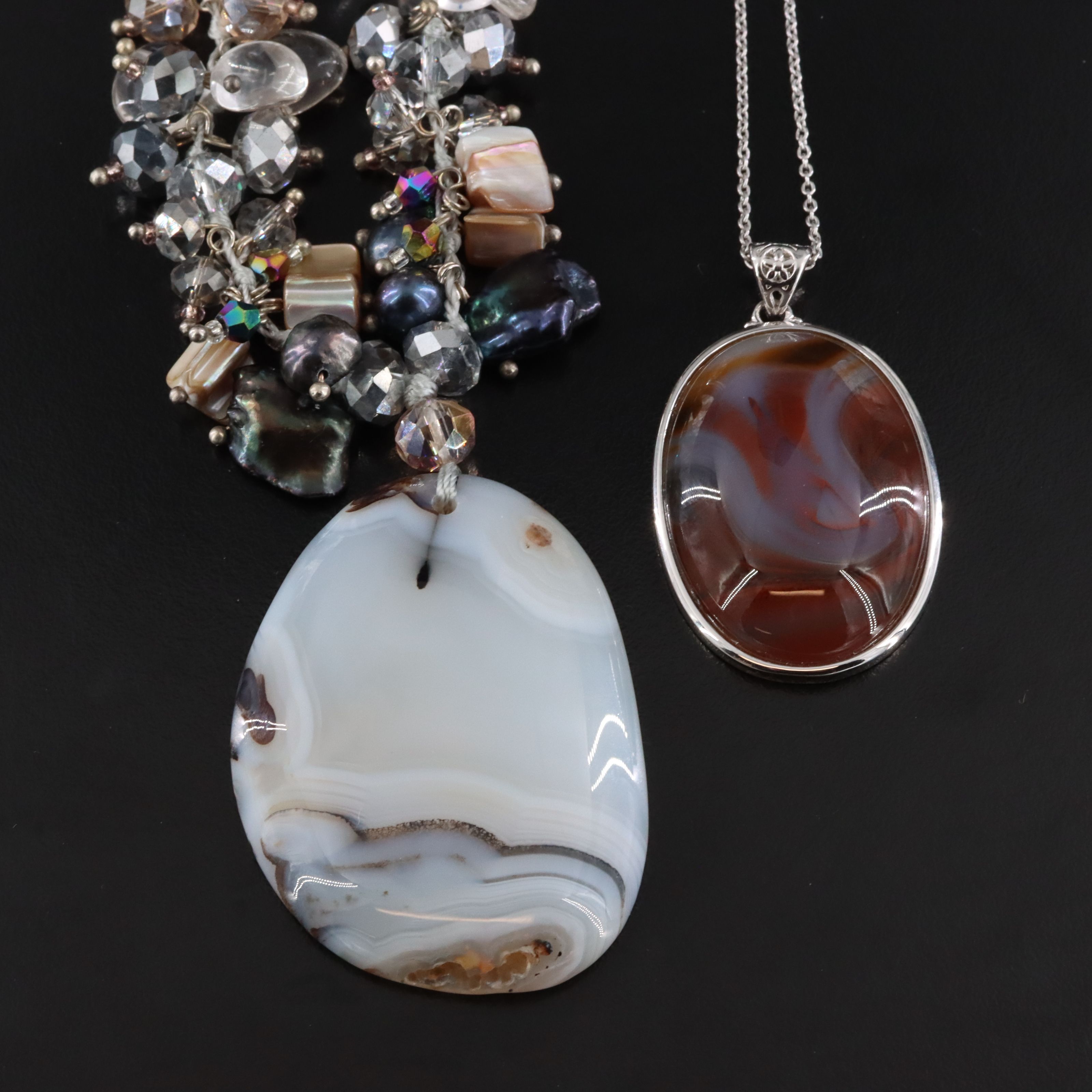 Agate, Pearl and Shell Featured in Sterling Necklaces