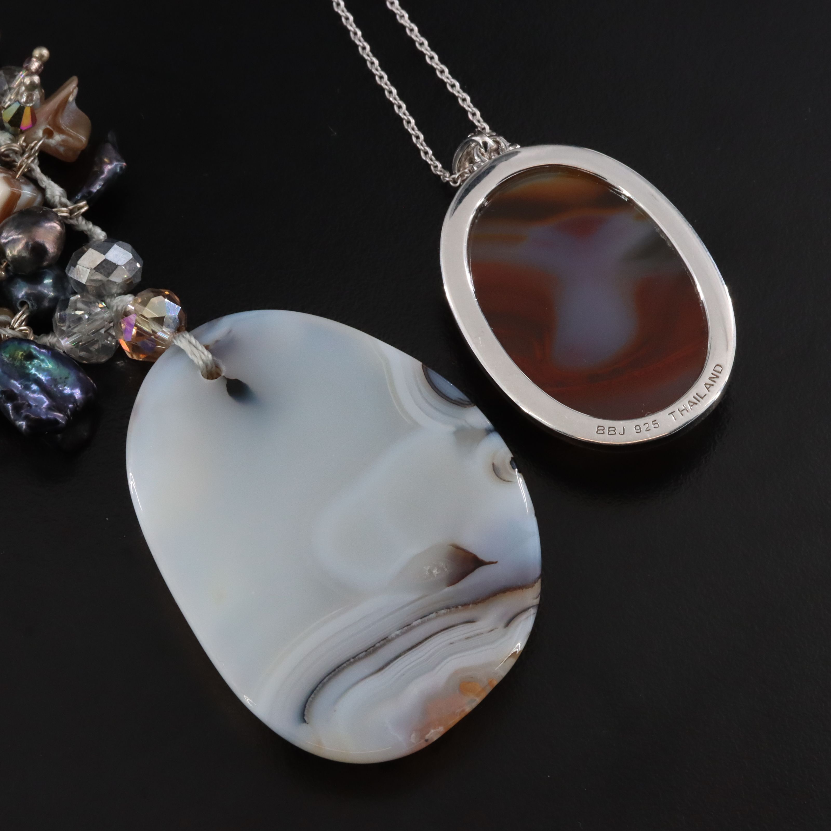 Agate, Pearl and Shell Featured in Sterling Necklaces