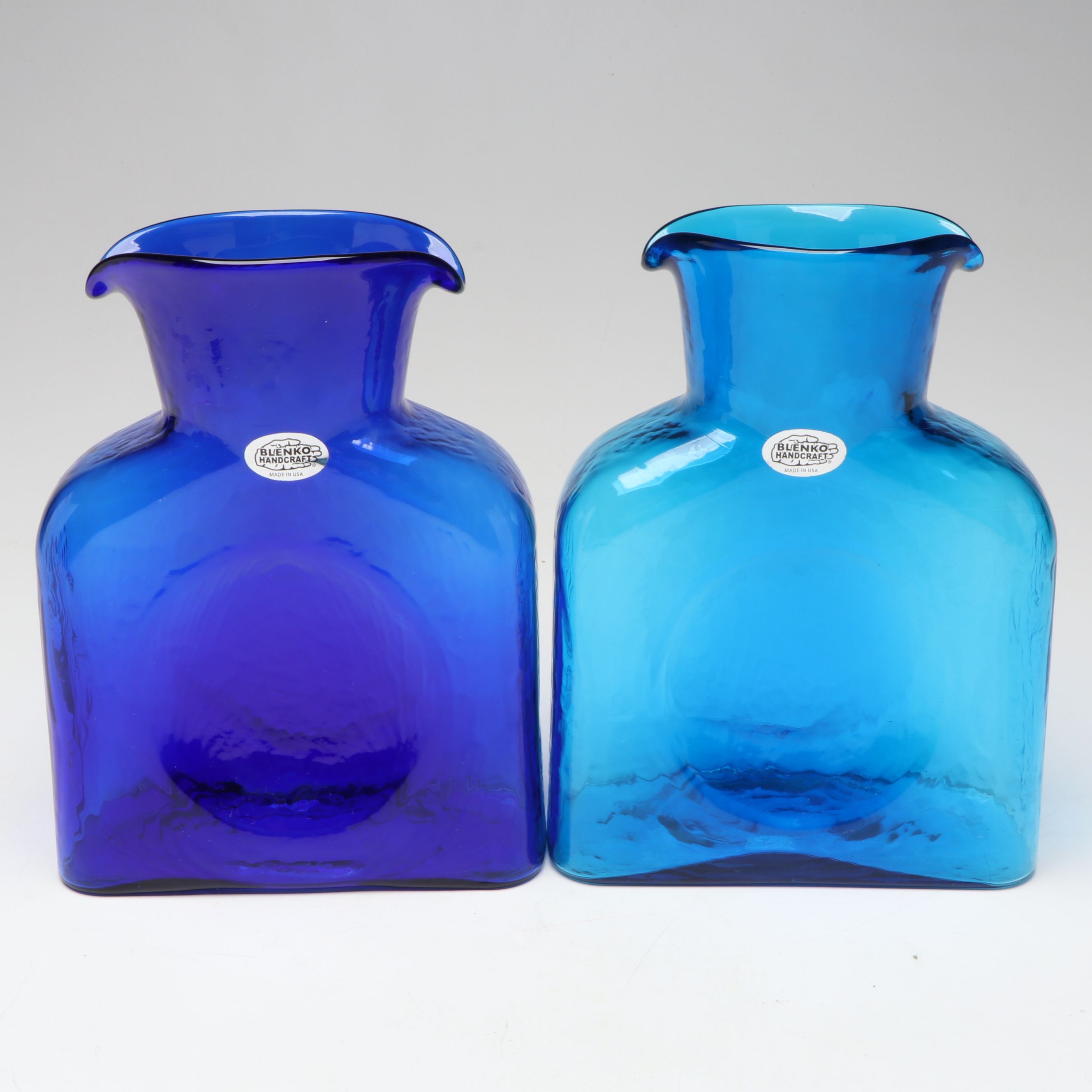 Blenko Hand-Blown "Cobalt" and "Ice Blue" Water Bottles