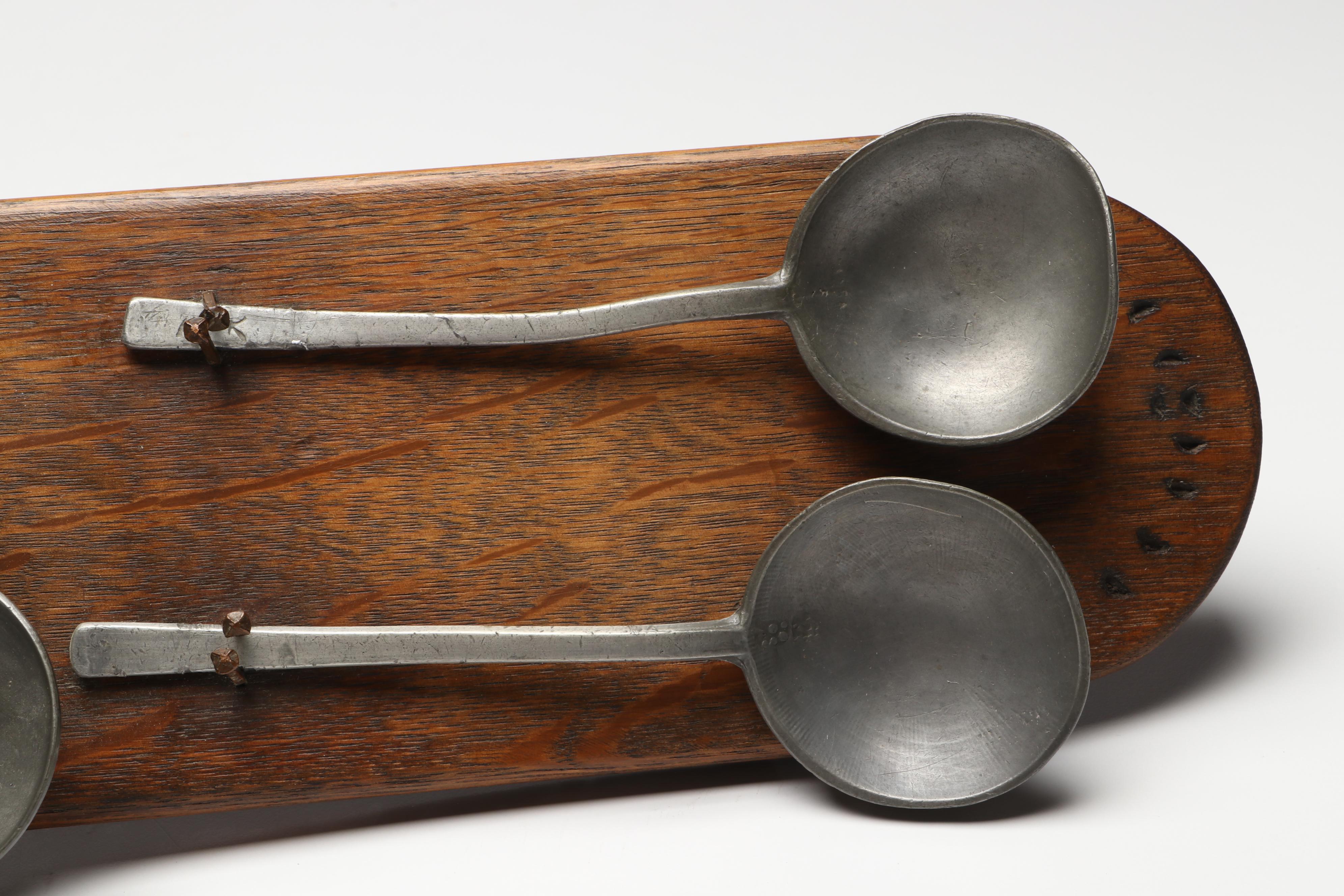 Pewter Spoons on Oak Display Rack