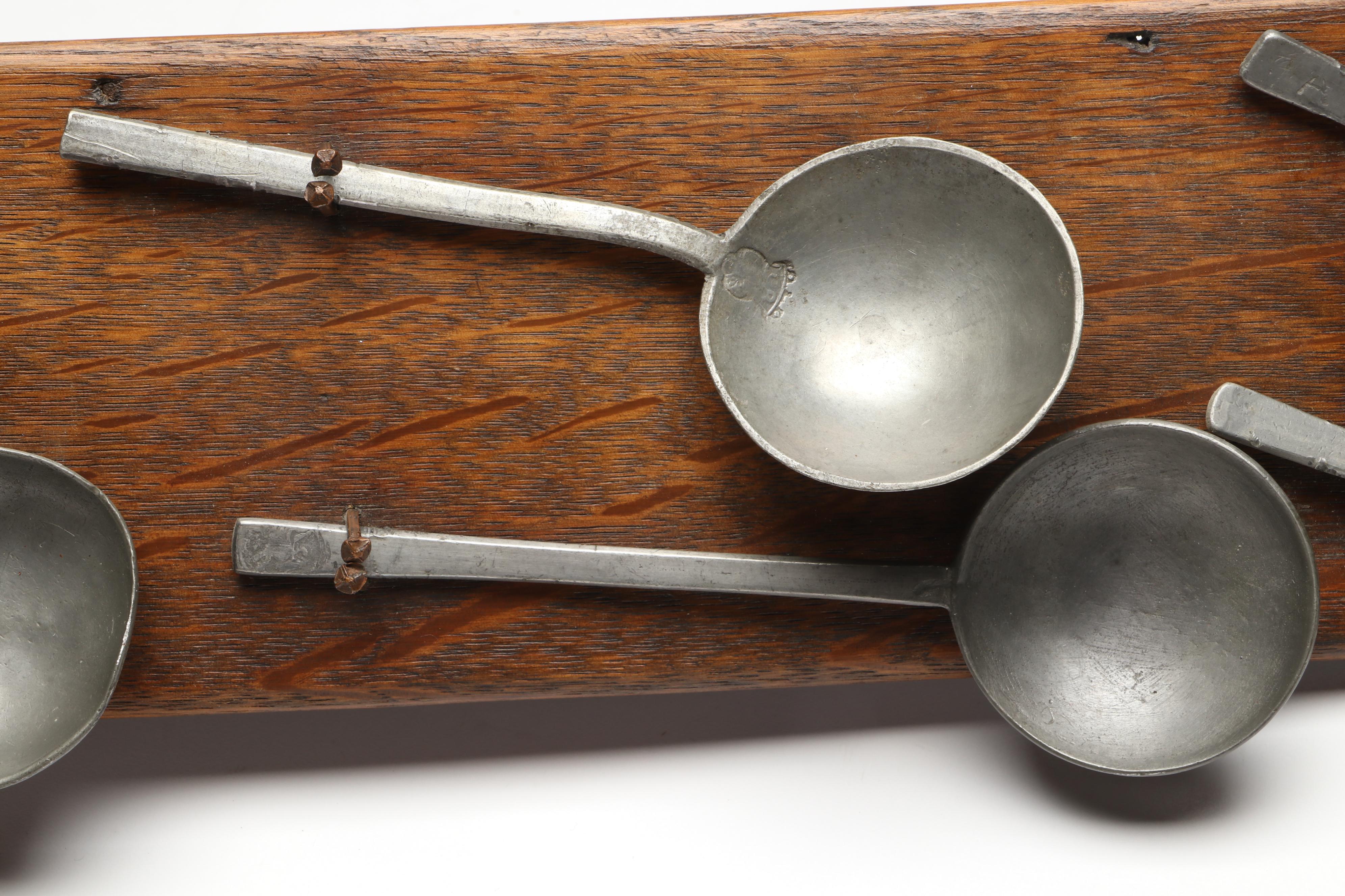 Pewter Spoons on Oak Display Rack