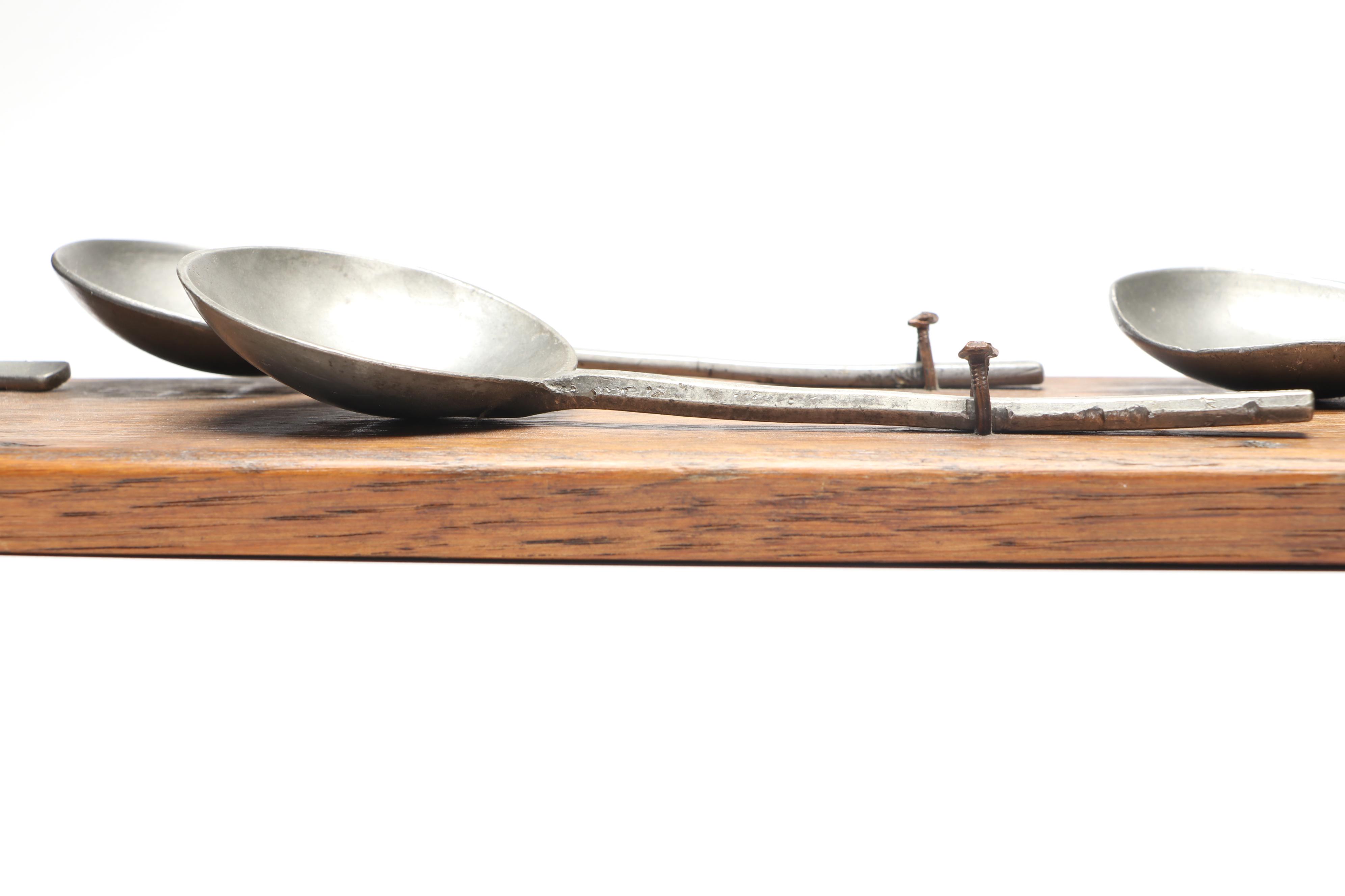 Pewter Spoons on Oak Display Rack