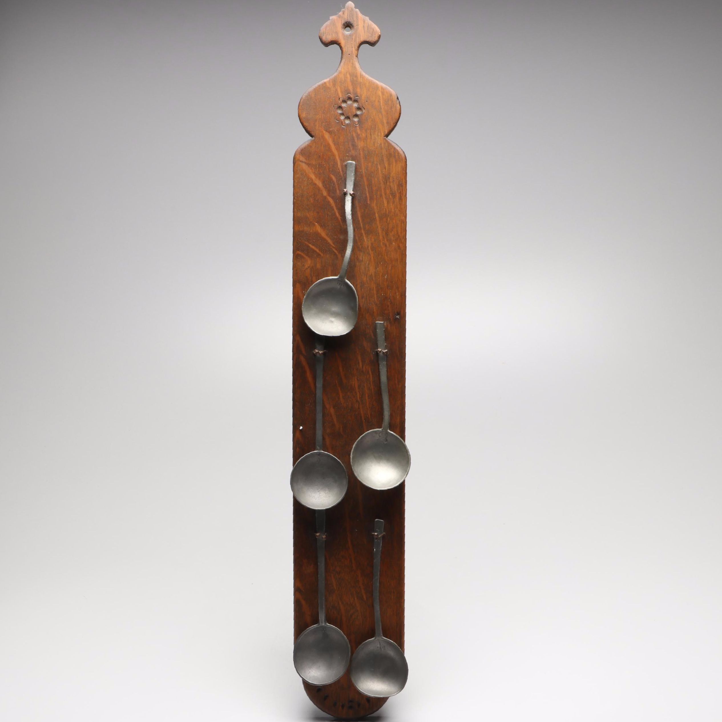 Pewter Spoons on Oak Display Rack