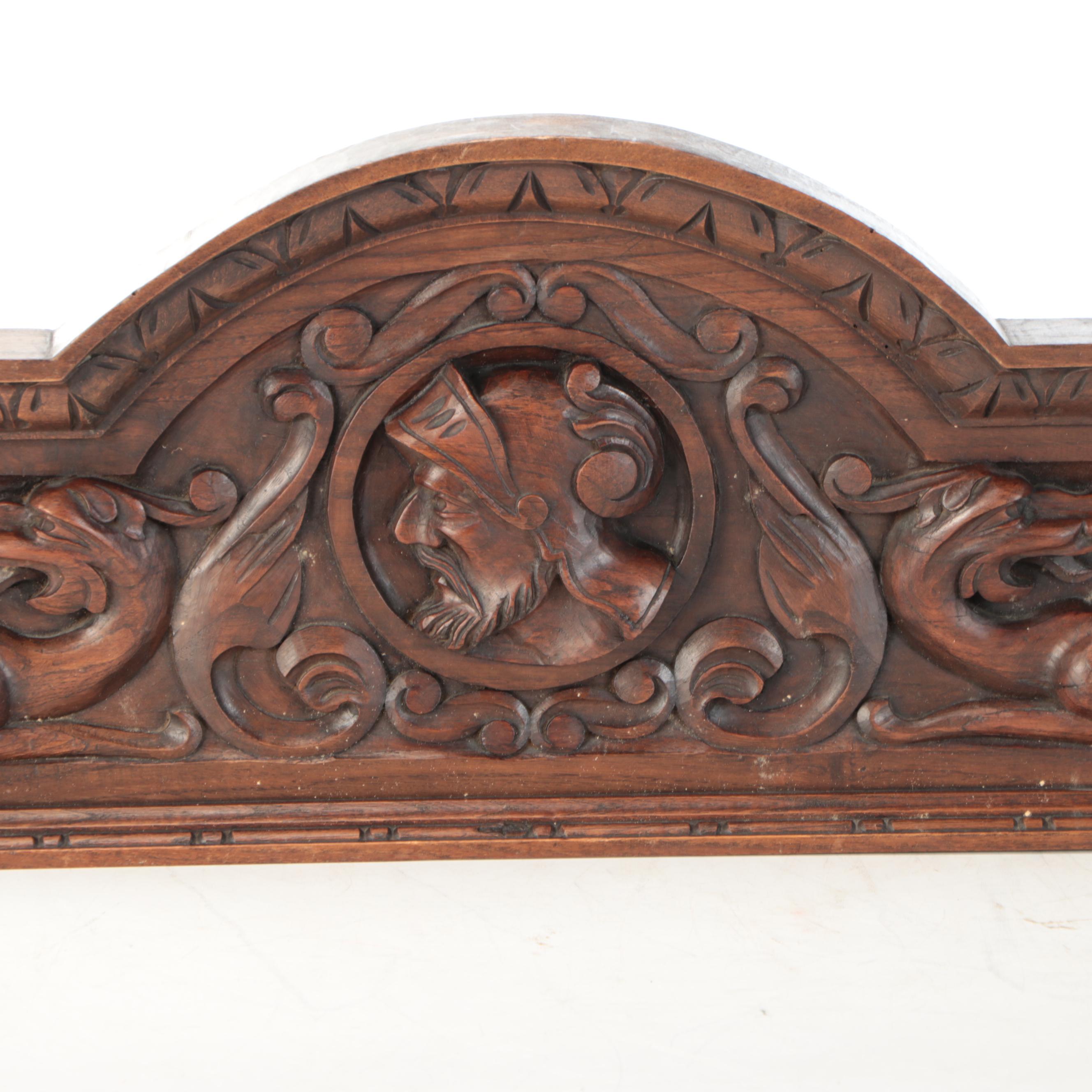 Victorian Renaissance Revival Carved Walnut Pediment with Portrait Medallion