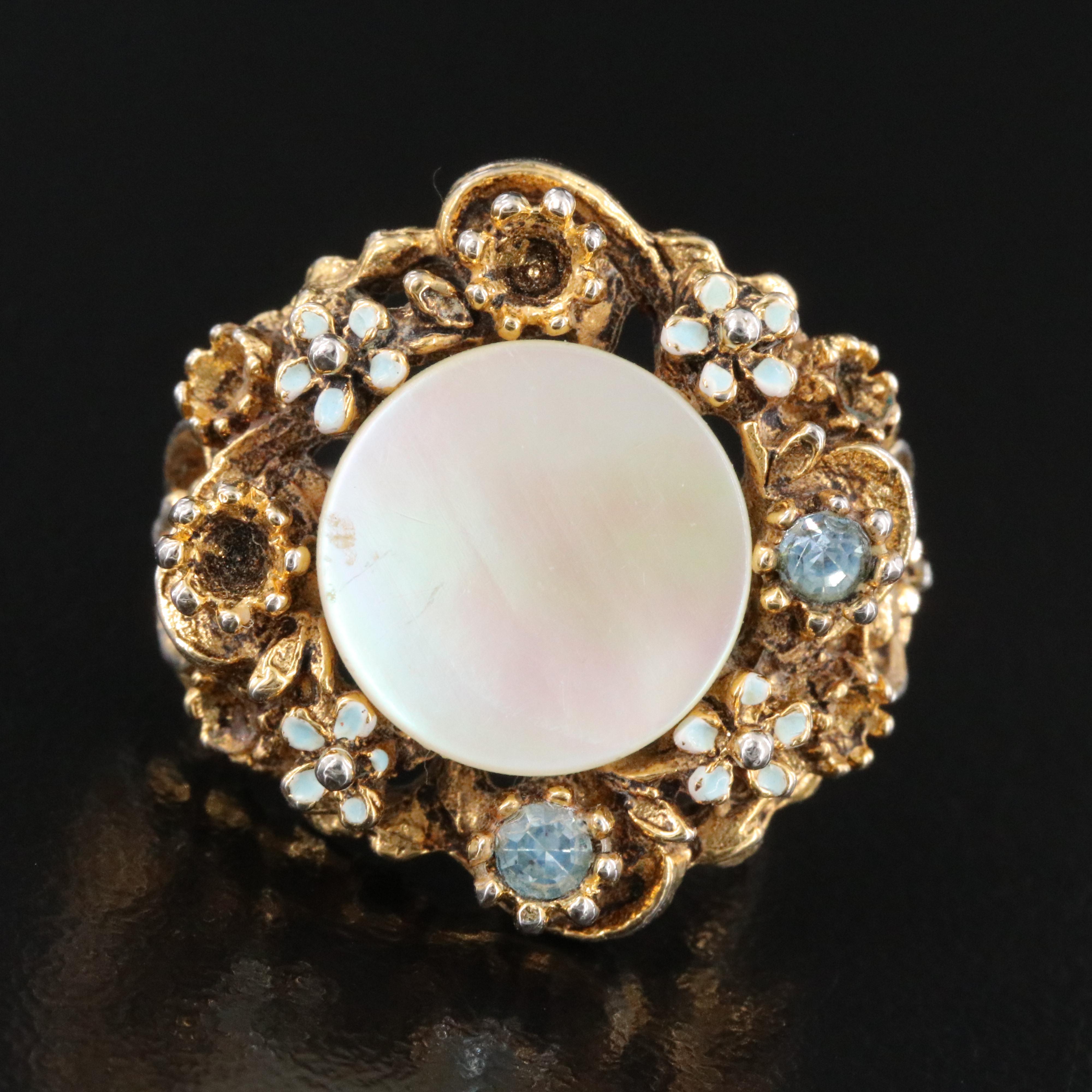 Floral Mother-of-Pearl, Rhinestones and Enamel Ring