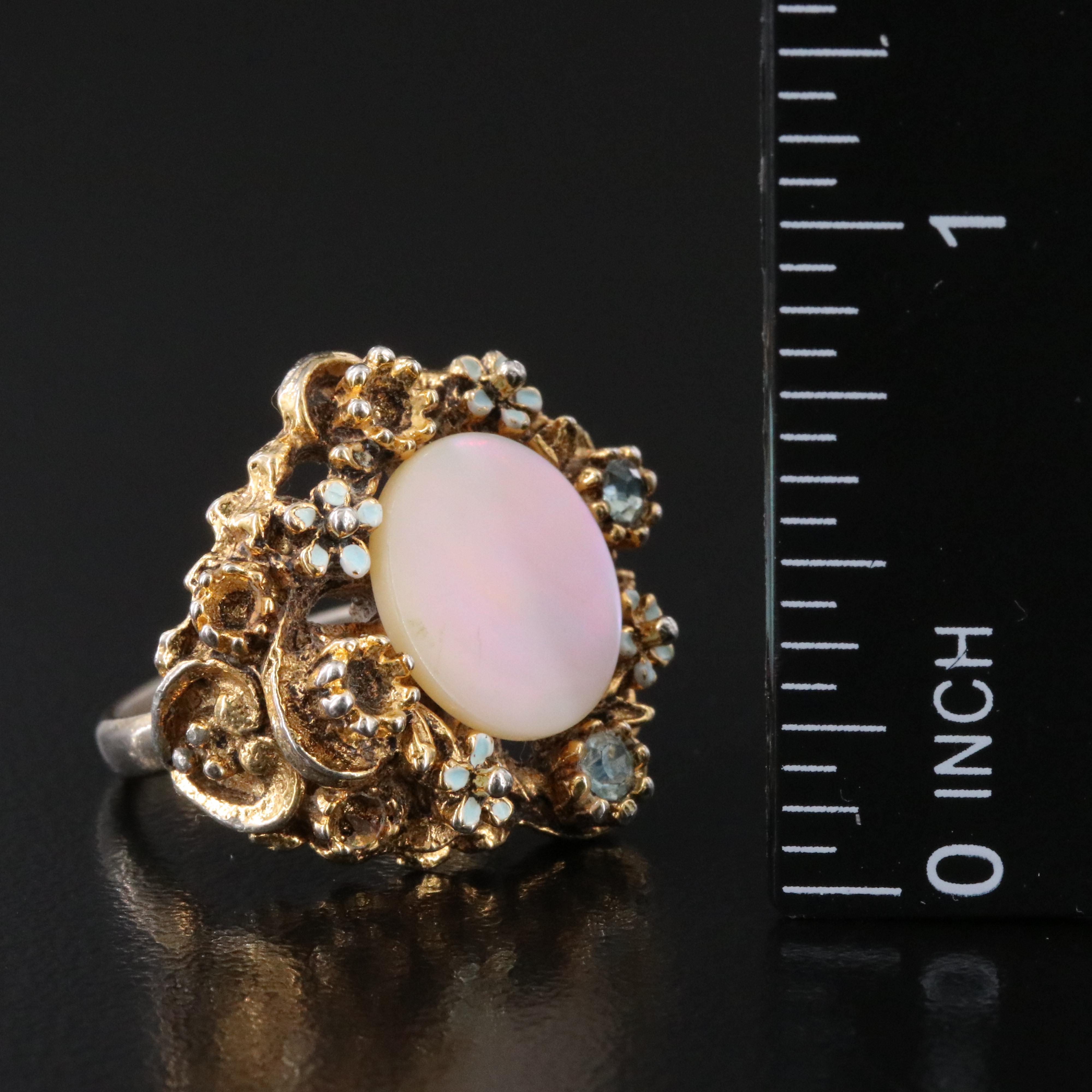 Floral Mother-of-Pearl, Rhinestones and Enamel Ring