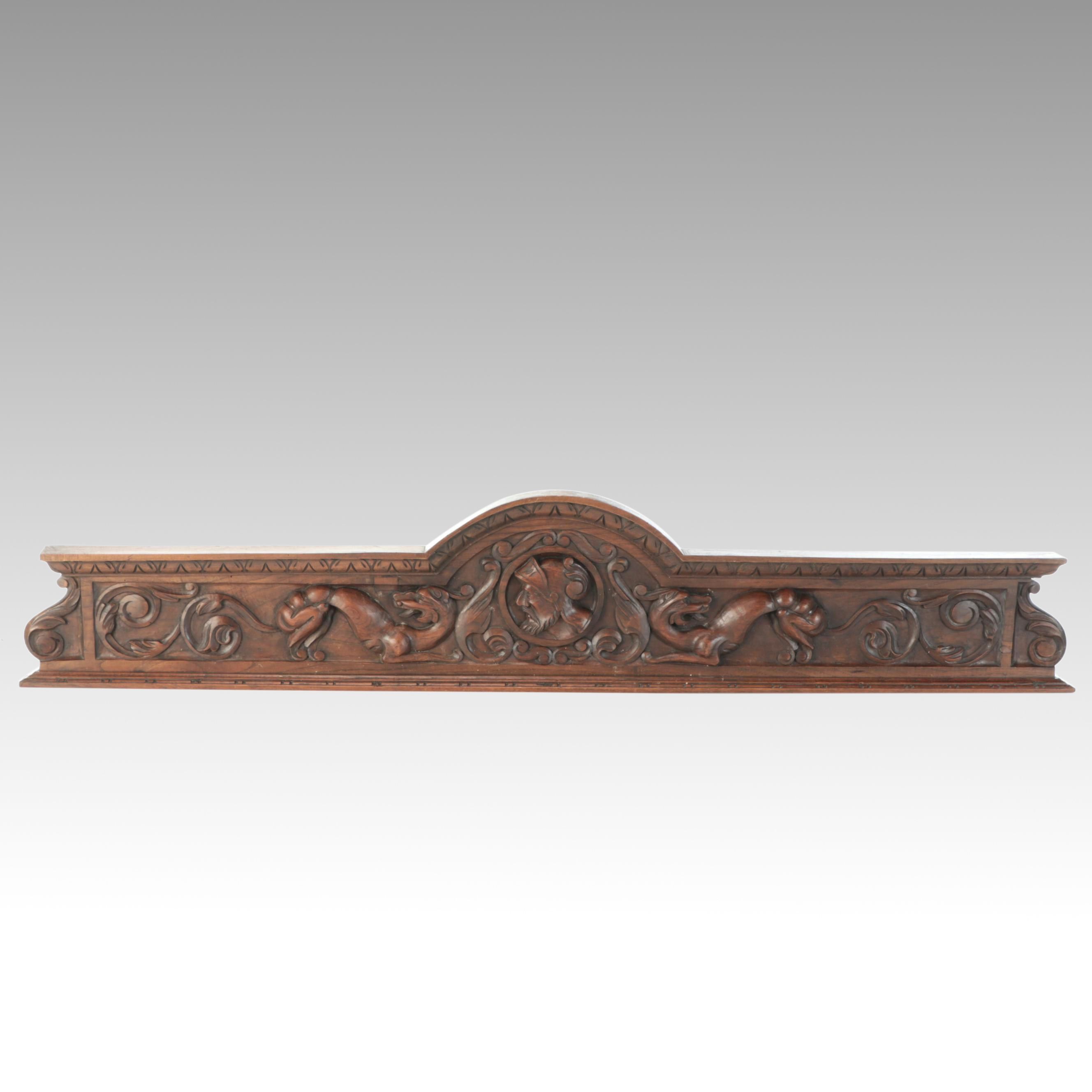 Victorian Renaissance Revival Carved Walnut Pediment with Portrait Medallion