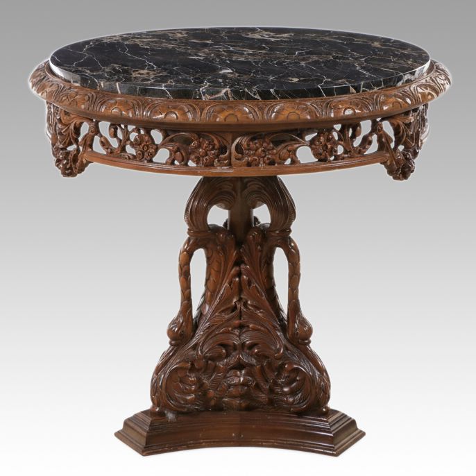 Renaissance Revival Style Carved Wood Marble Top Hall Table