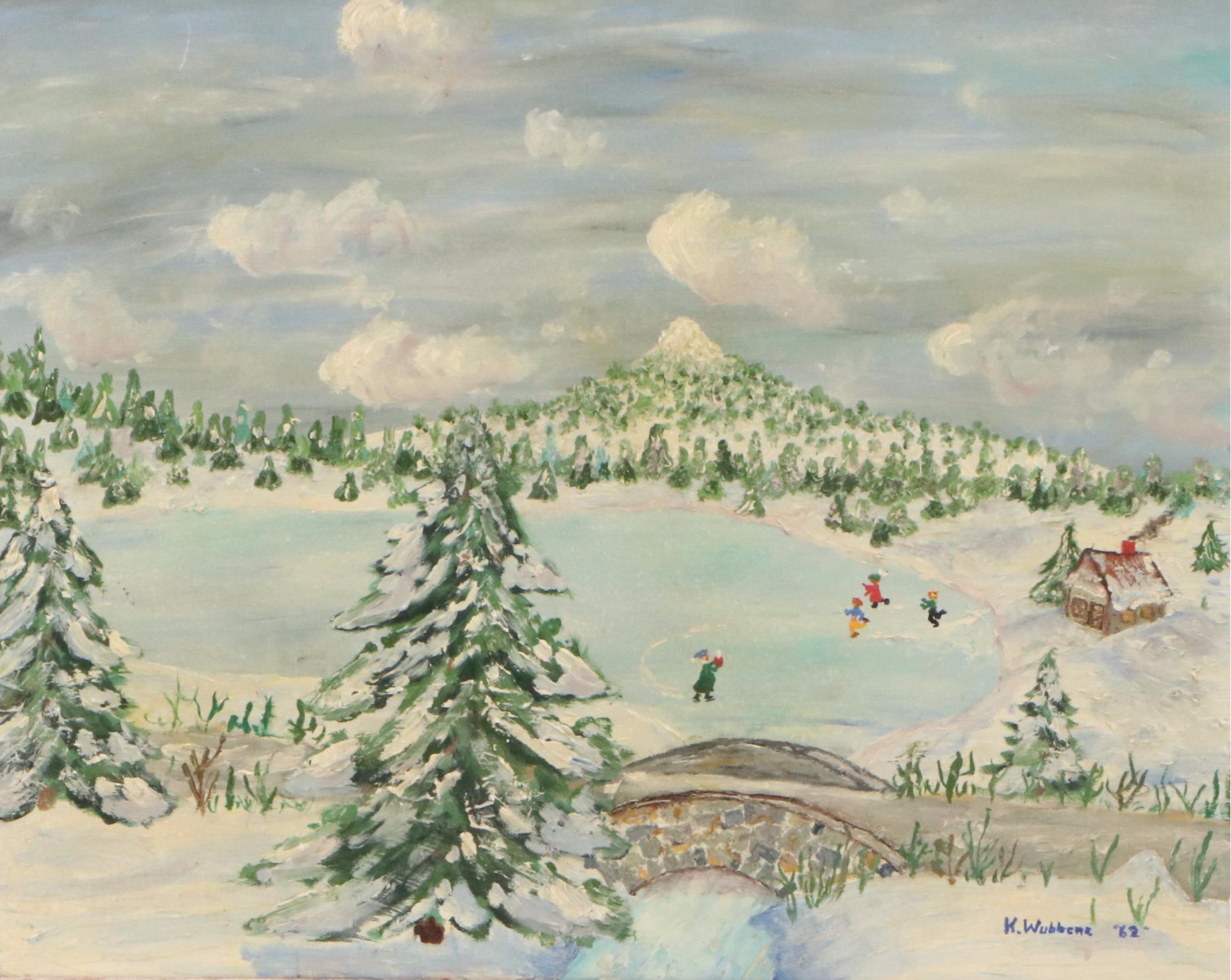K. Wubbens Folk Art Winter Landscape Impasto Oil Painting, 1962