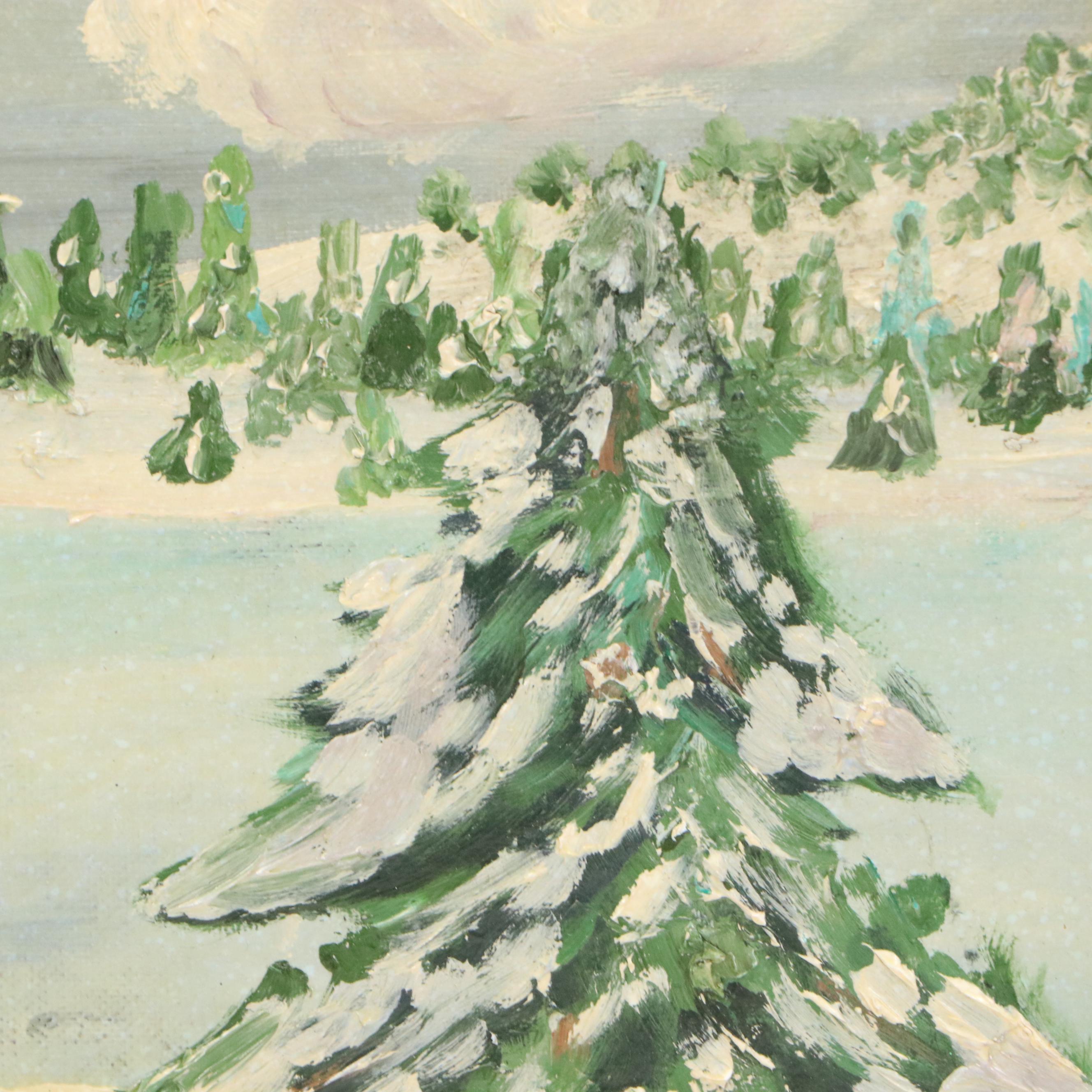 K. Wubbens Folk Art Winter Landscape Impasto Oil Painting, 1962