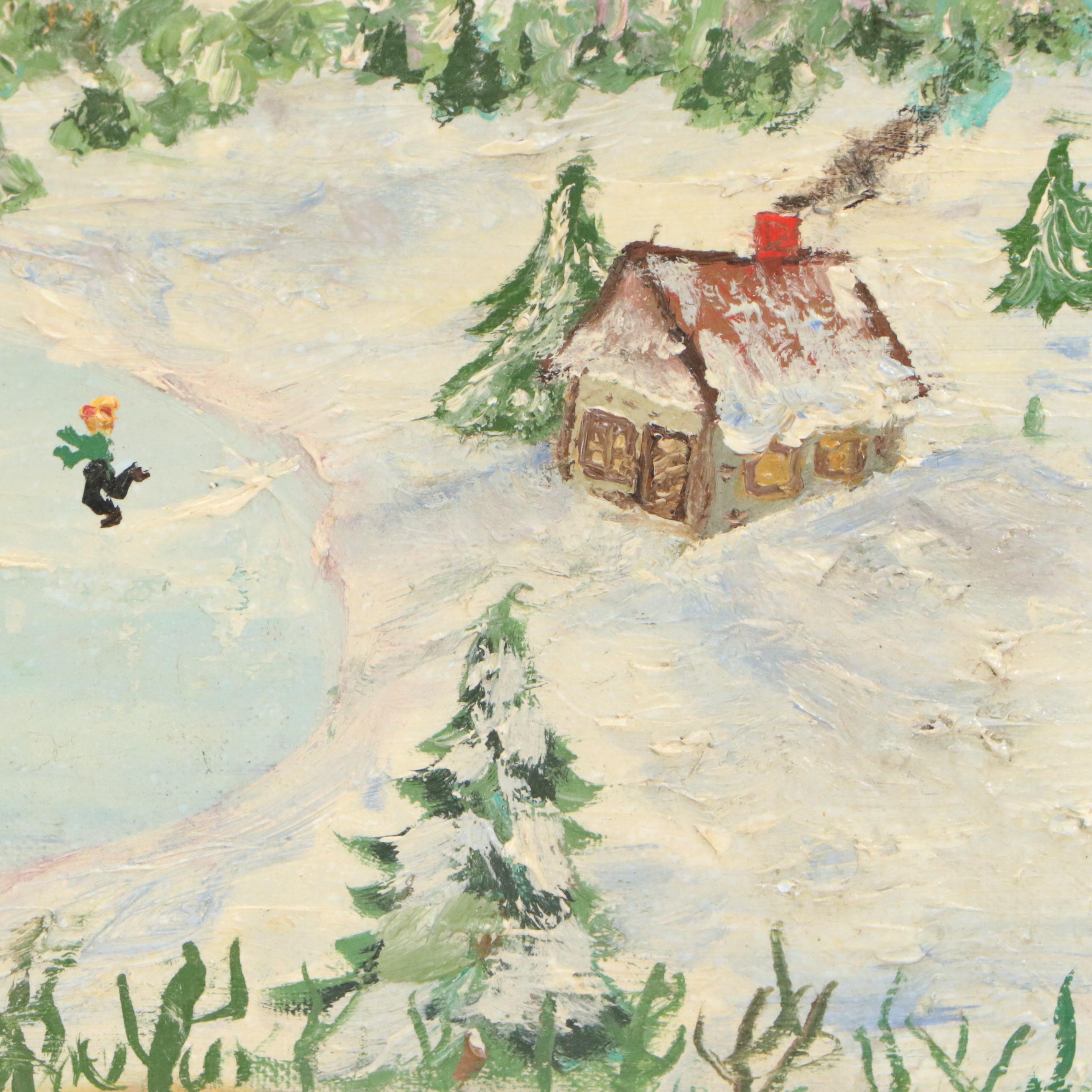 K. Wubbens Folk Art Winter Landscape Impasto Oil Painting, 1962