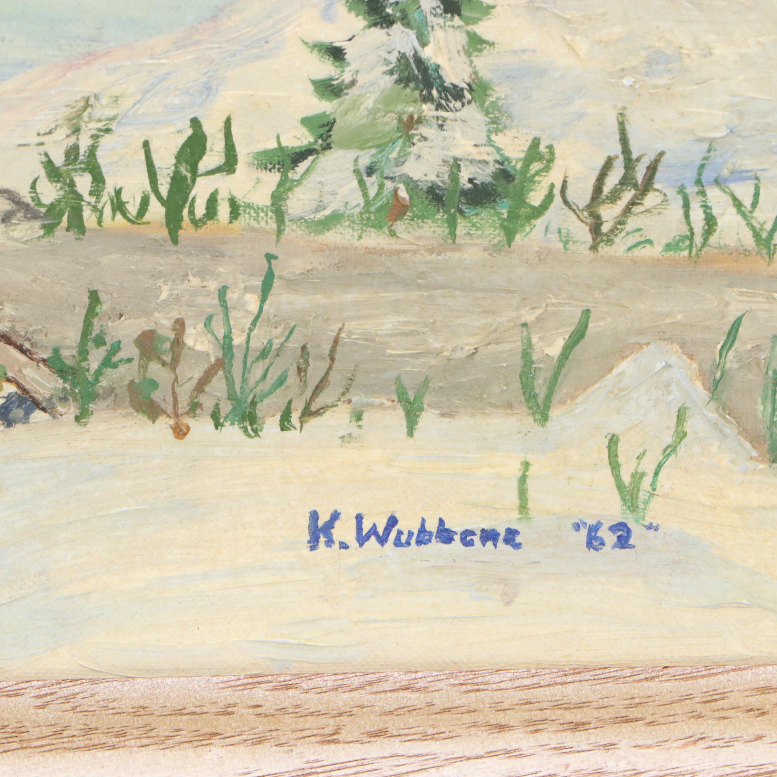 K. Wubbens Folk Art Winter Landscape Impasto Oil Painting, 1962
