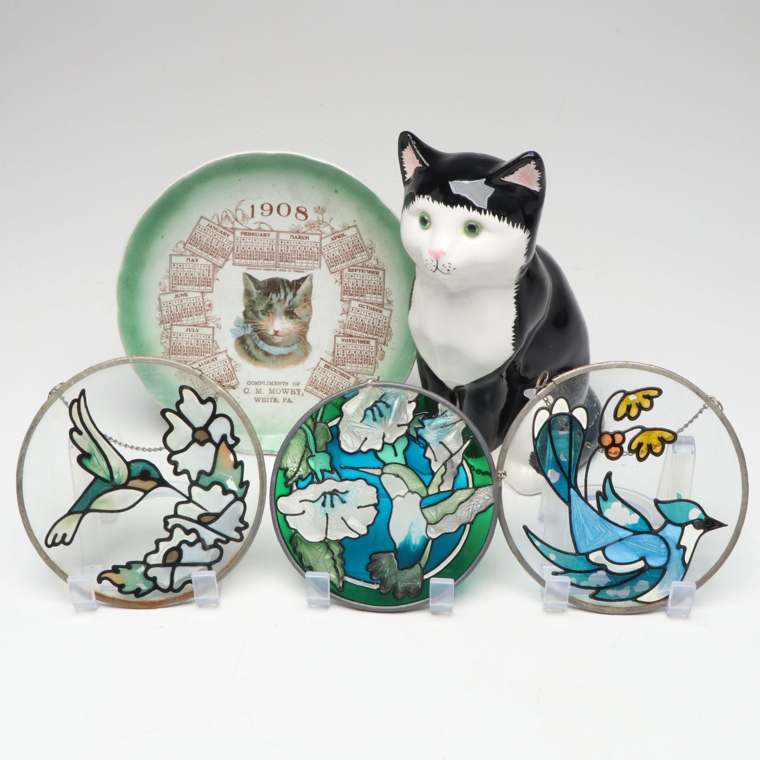 Baum Bros. Formalities Cat Figurine with Calendar Plate and Bird Glass Panels