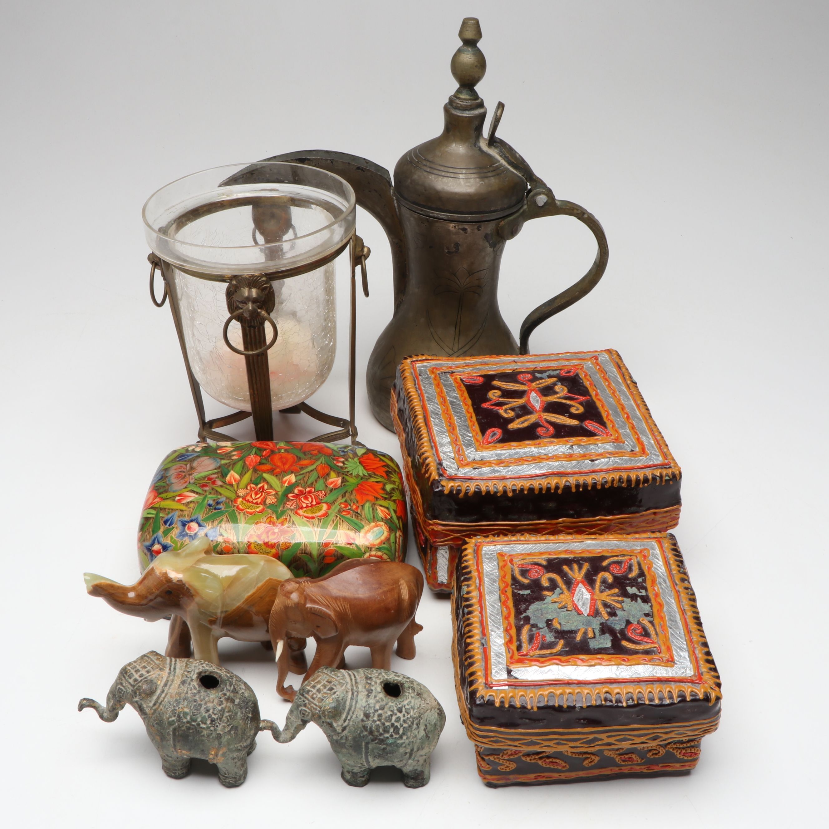 Kashmiri Gilt Papier-Mâché Box with Arabic Dallah Coffee Pot and Other Décor