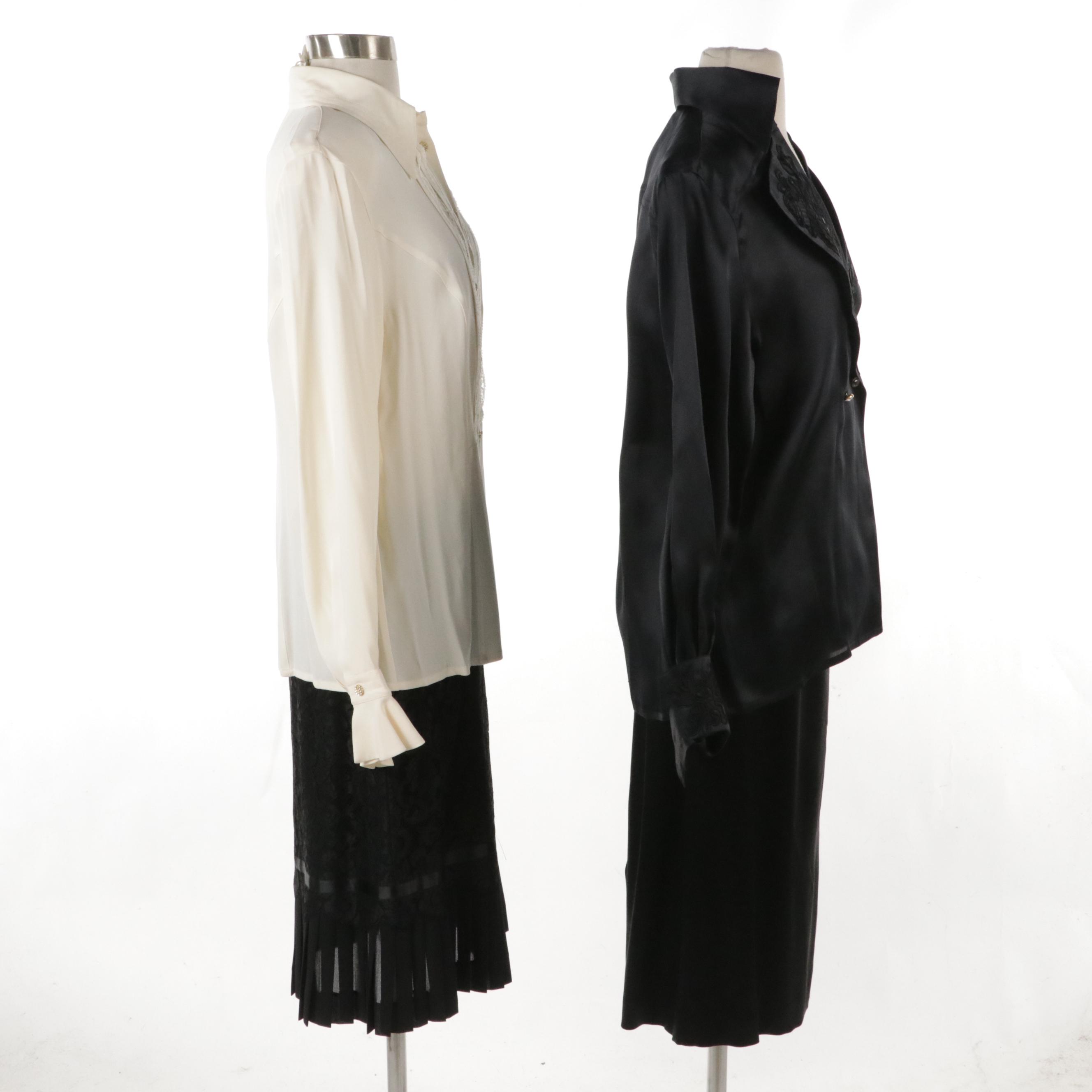 Escada White Silk Lace Blouse, Black Lace Skirt and Black Silk 4 Piece Skirt Set