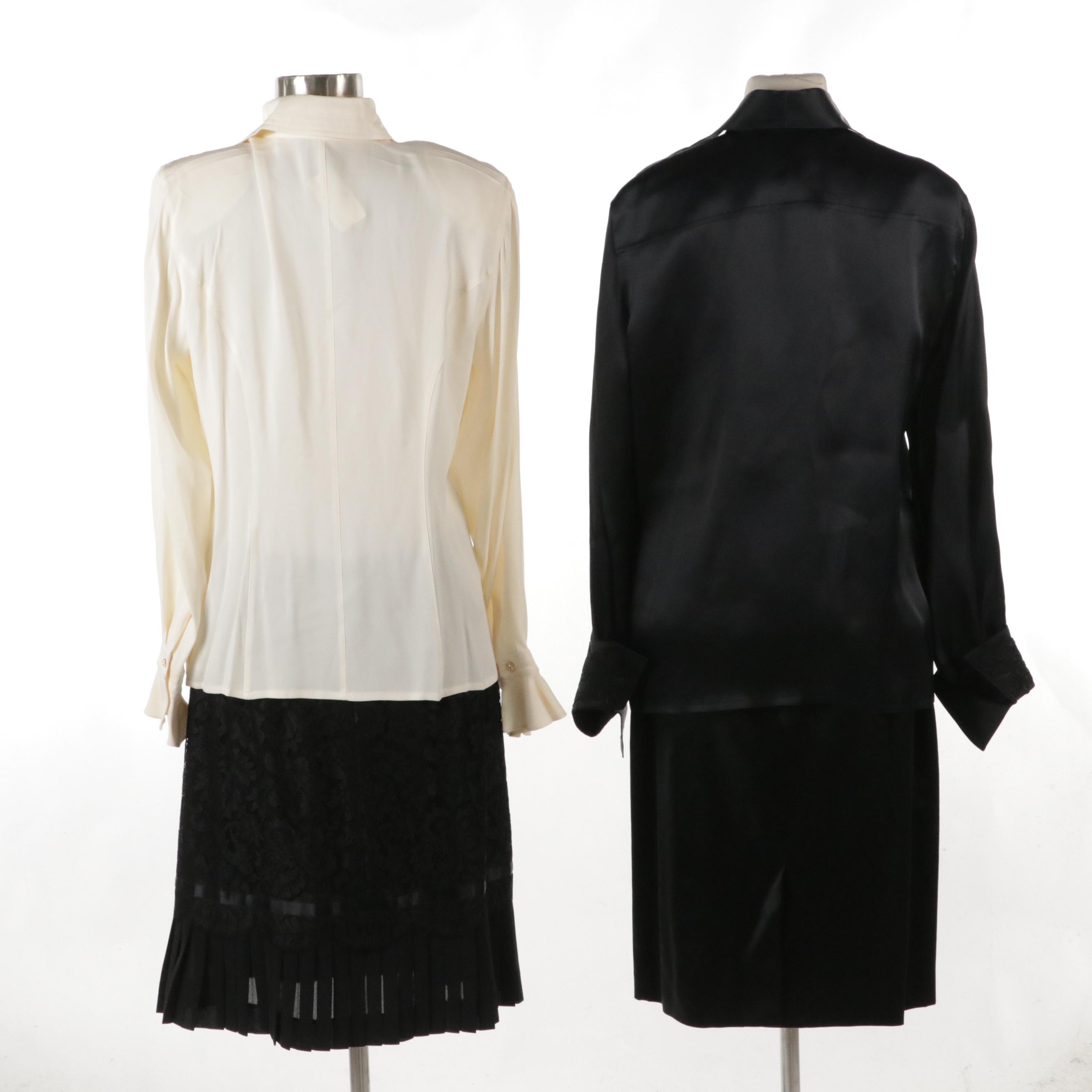 Escada White Silk Lace Blouse, Black Lace Skirt and Black Silk 4 Piece Skirt Set