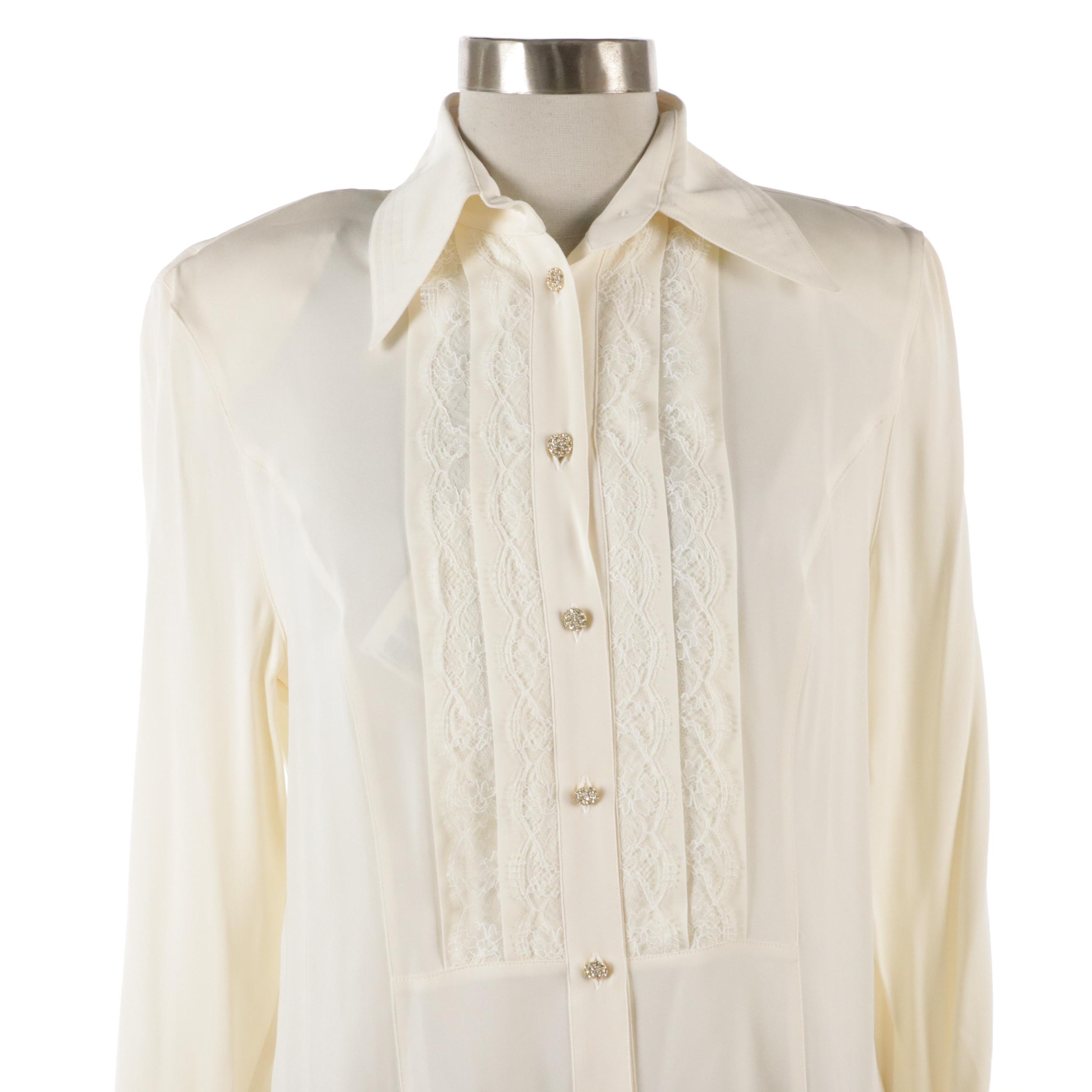 Escada White Silk Lace Blouse, Black Lace Skirt and Black Silk 4 Piece Skirt Set