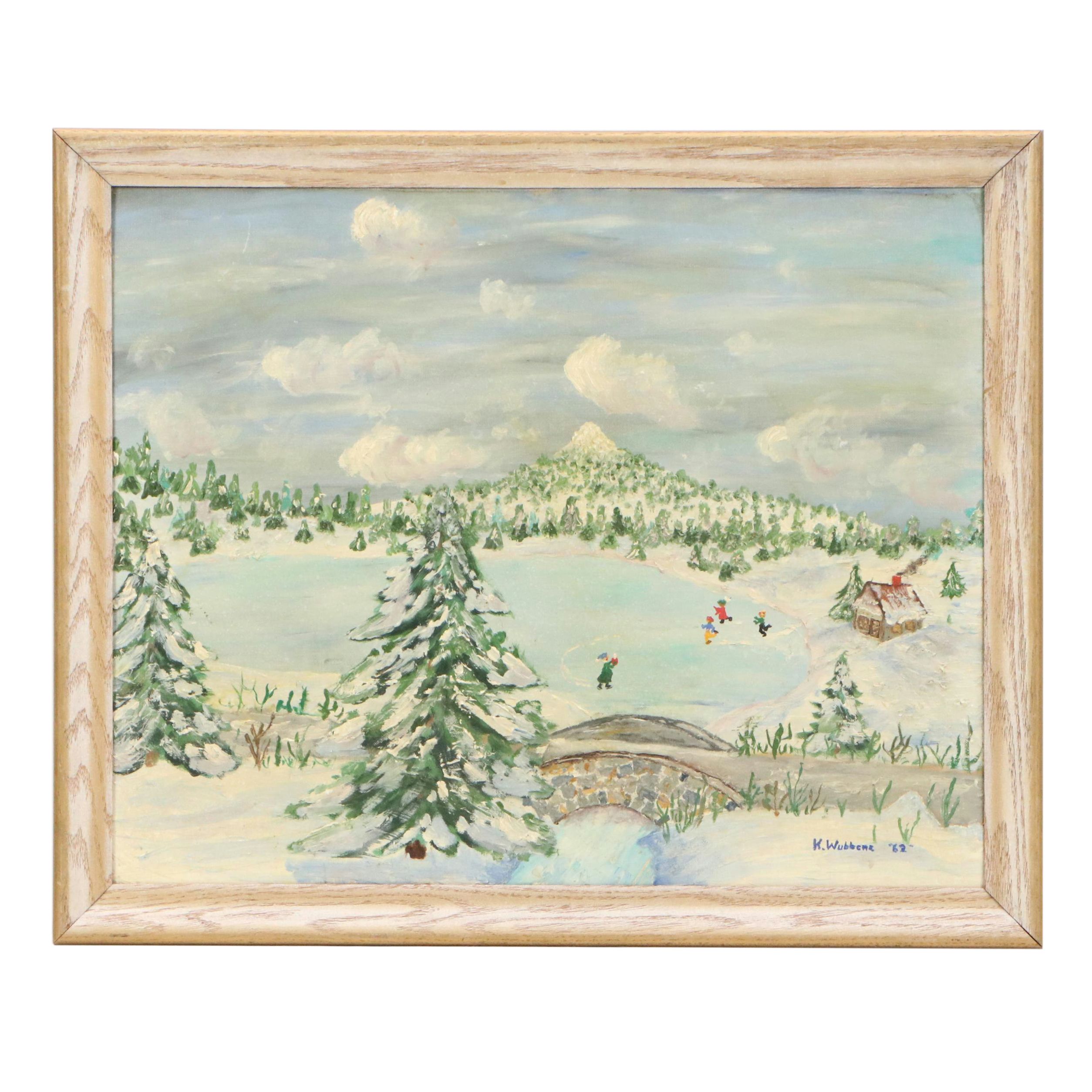 K. Wubbens Folk Art Winter Landscape Impasto Oil Painting, 1962