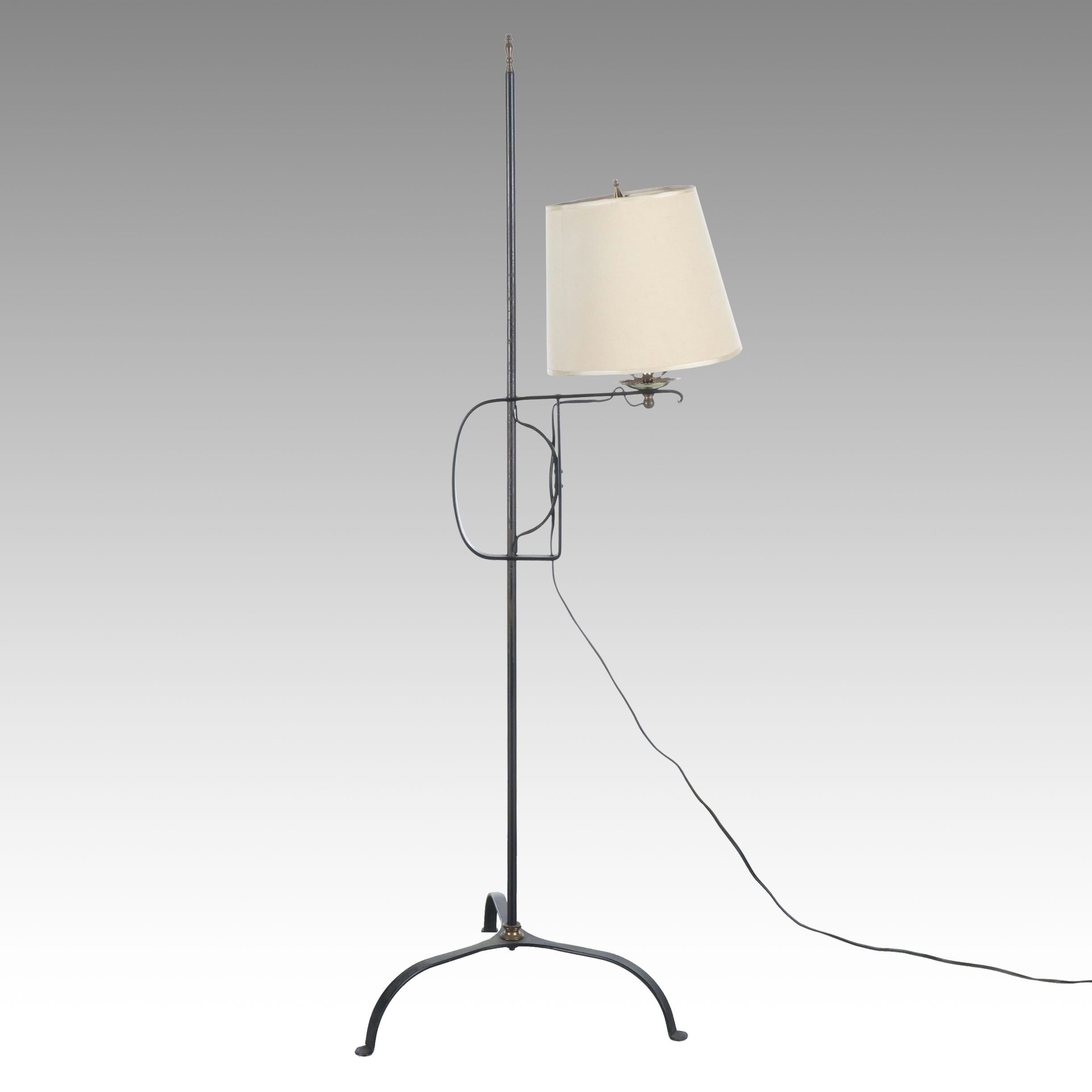 Colonial Revival Style Wrought Iron Floor Lamp with Fabric Bell Shade